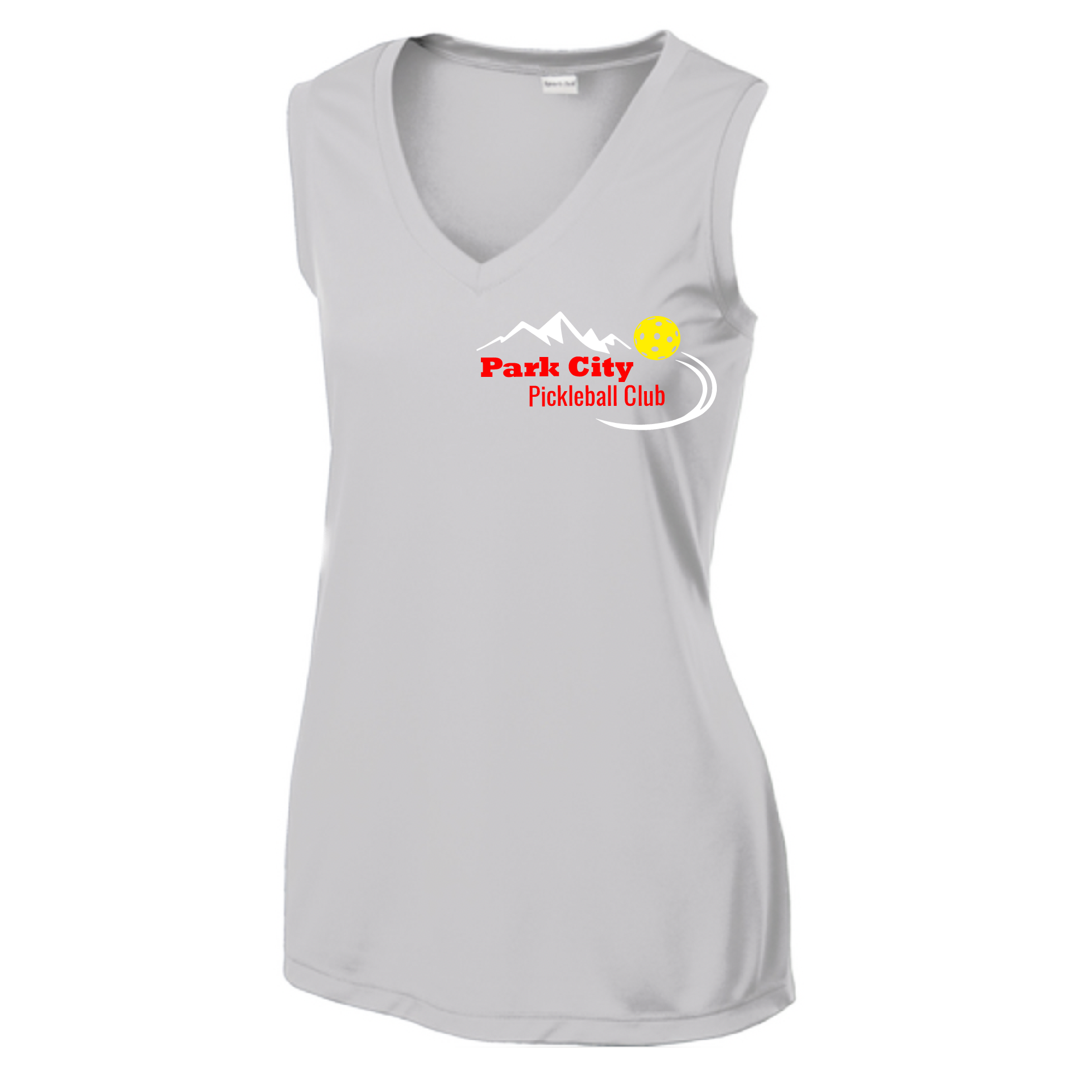 Pickleball Design: Park City Pickleball Club (red words)  Women's Style: Sleeveless Tank  Shirts are lightweight, roomy and highly breathable. These moisture-wicking shirts are designed for athletic performance. They feature PosiCharge technology to lock in color and prevent logos from fading. Removable tag and set-in sleeves for comfort.