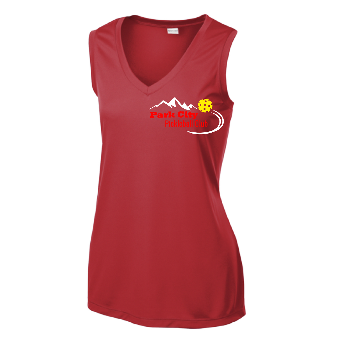 Pickleball Design: Park City Pickleball Club (red words)  Women's Style: Sleeveless Tank  Shirts are lightweight, roomy and highly breathable. These moisture-wicking shirts are designed for athletic performance. They feature PosiCharge technology to lock in color and prevent logos from fading. Removable tag and set-in sleeves for comfort.