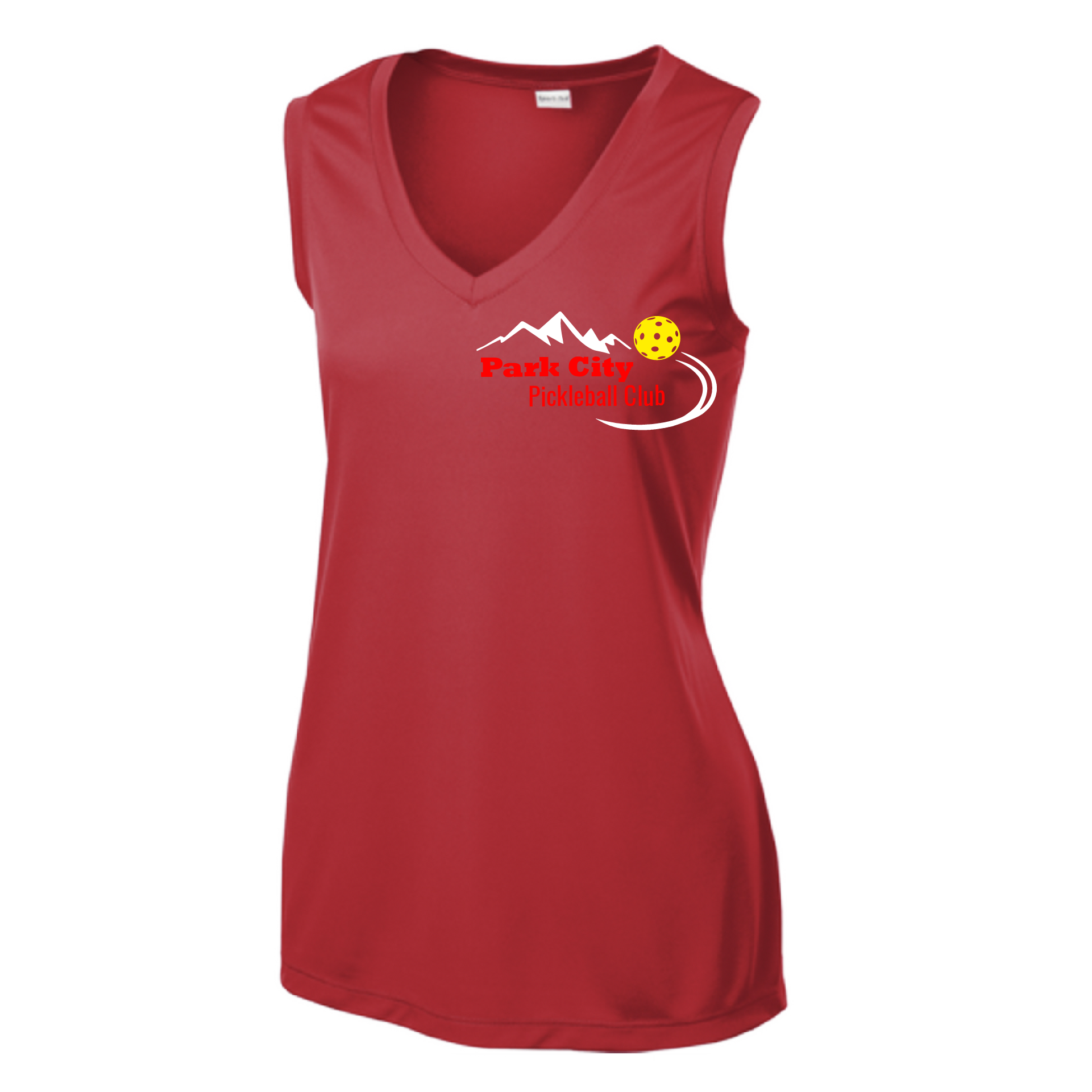 Pickleball Design: Park City Pickleball Club (red words)  Women's Style: Sleeveless Tank  Shirts are lightweight, roomy and highly breathable. These moisture-wicking shirts are designed for athletic performance. They feature PosiCharge technology to lock in color and prevent logos from fading. Removable tag and set-in sleeves for comfort.