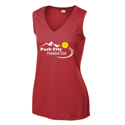 Pickleball Design: Park City Pickleball Club (white words)  Women's Style: Sleeveless Tank  Shirts are lightweight, roomy and highly breathable. These moisture-wicking shirts are designed for athletic performance. They feature PosiCharge technology to lock in color and prevent logos from fading. Removable tag and set-in sleeves for comfort.