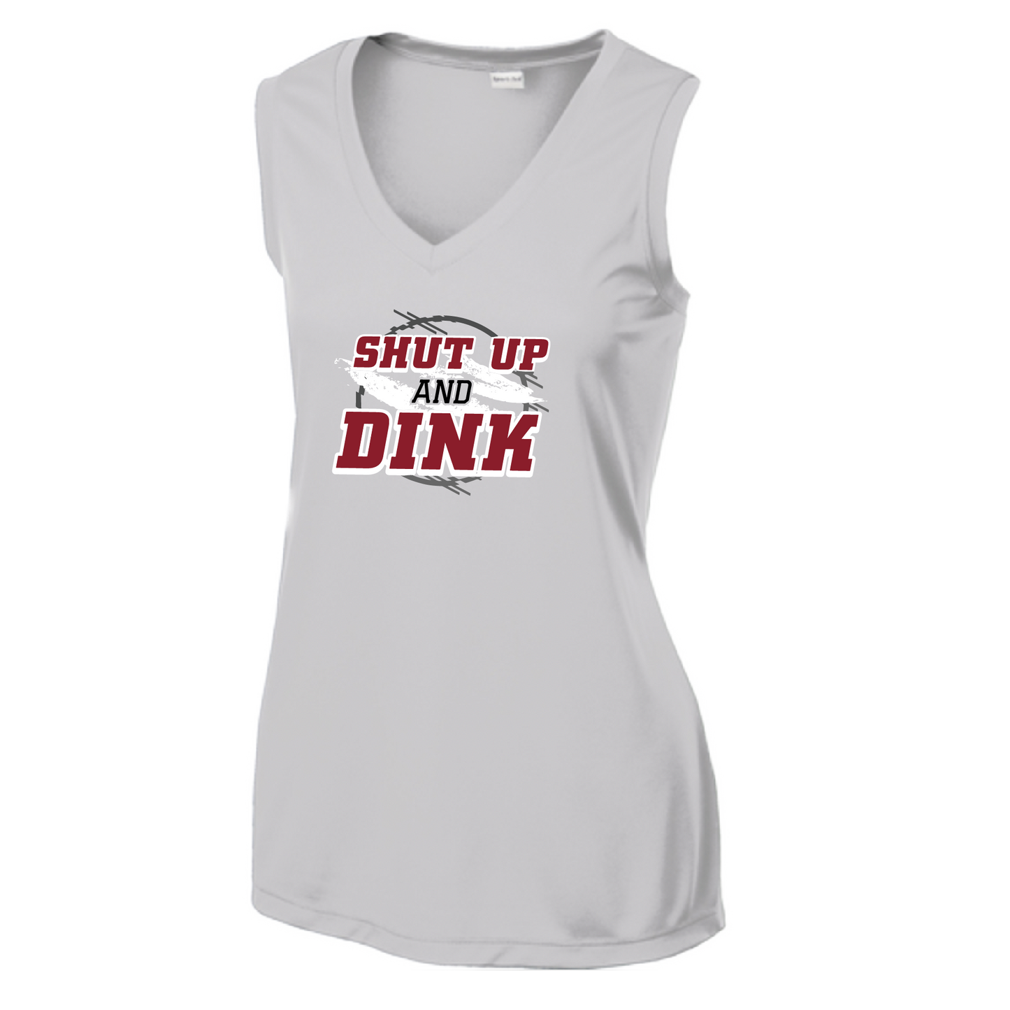 Pickleball Design: Shut up and Dink  Women's Styles: Sleeveless Tank  Turn up the volume in this Women's shirt with its perfect mix of softness and attitude. Material is ultra-comfortable with moisture wicking properties and tri-blend softness. PosiCharge technology locks in color. Highly breathable and lightweight.