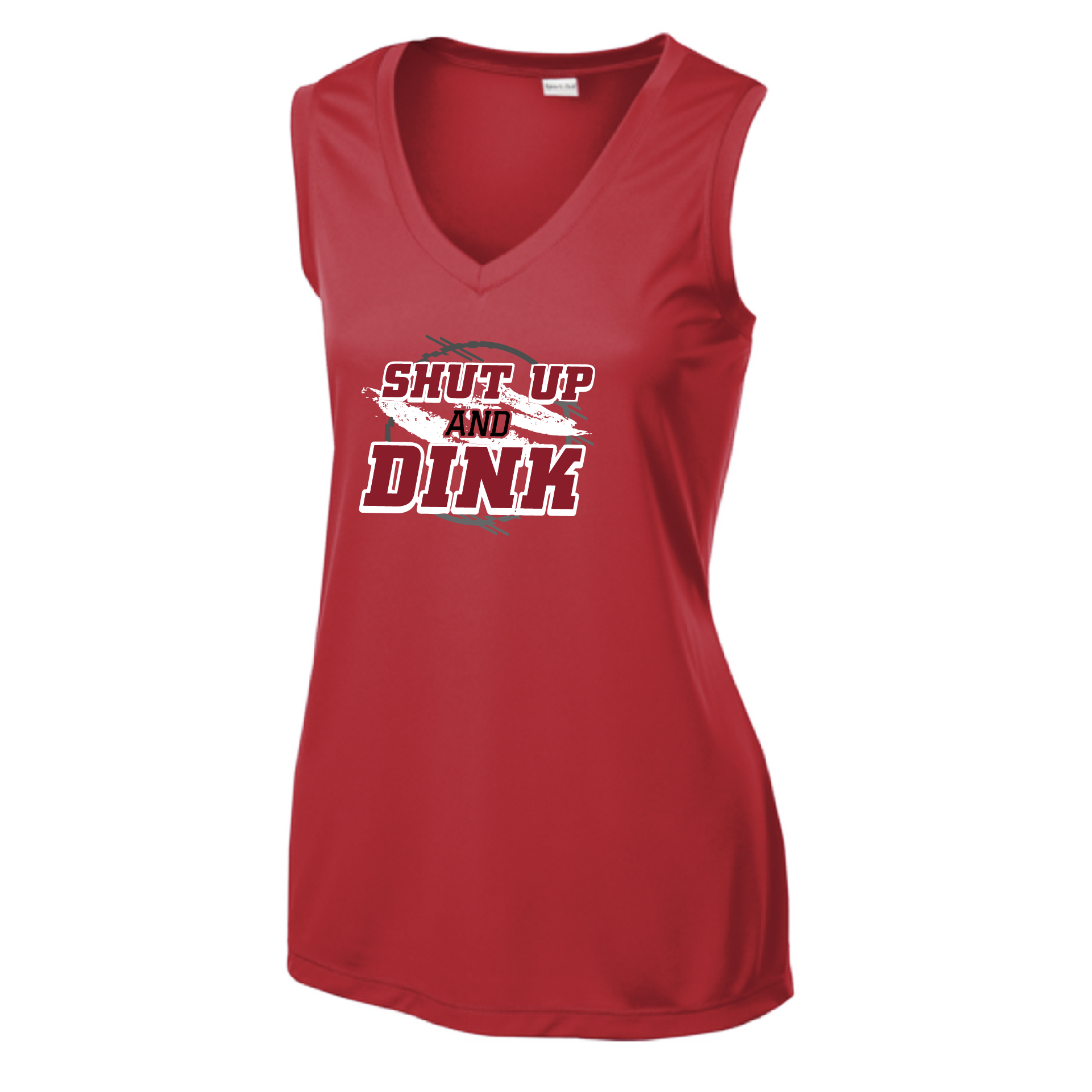 Pickleball Design: Shut up and Dink  Women's Styles: Sleeveless Tank  Turn up the volume in this Women's shirt with its perfect mix of softness and attitude. Material is ultra-comfortable with moisture wicking properties and tri-blend softness. PosiCharge technology locks in color. Highly breathable and lightweight.