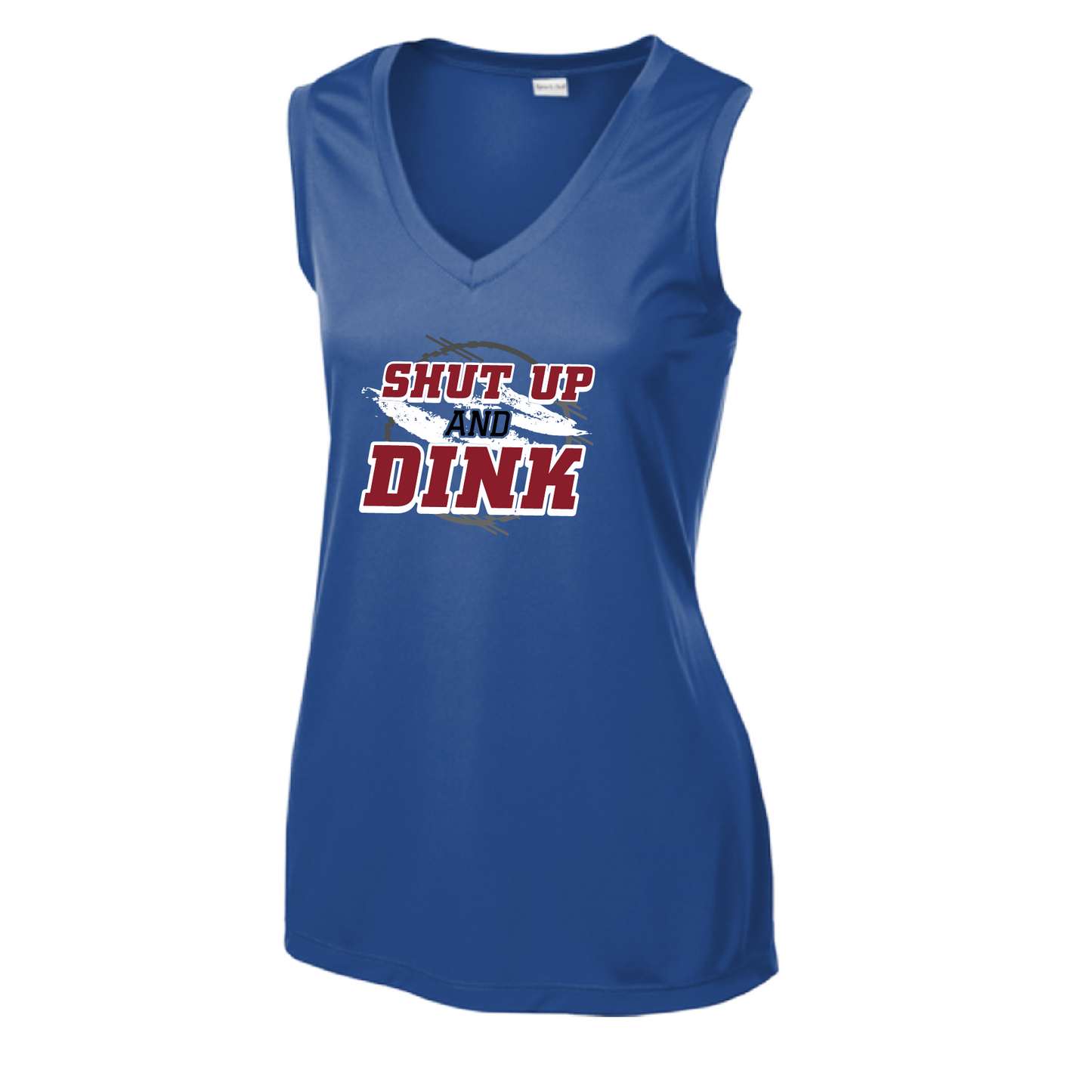 Pickleball Design: Shut up and Dink  Women's Styles: Sleeveless Tank  Turn up the volume in this Women's shirt with its perfect mix of softness and attitude. Material is ultra-comfortable with moisture wicking properties and tri-blend softness. PosiCharge technology locks in color. Highly breathable and lightweight.