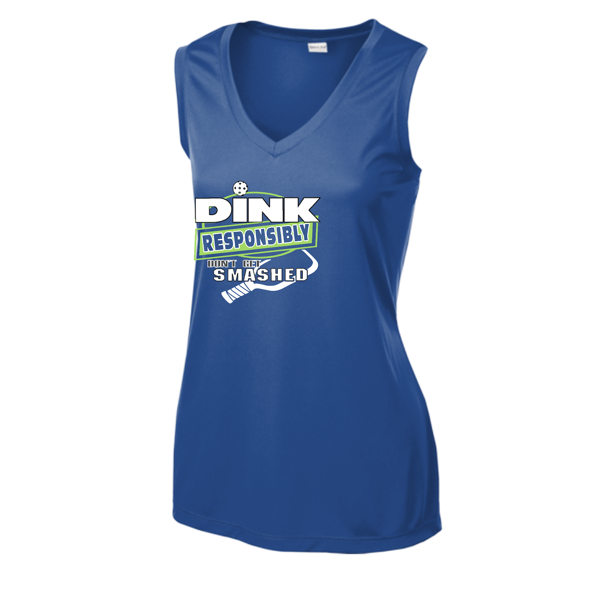 Pickleball Design: Dink Responsibly - Don't Get Smashed  Women's Style: Sleeveless Tank  Shirts are lightweight, roomy and highly breathable. These moisture-wicking shirts are designed for athletic performance. They feature PosiCharge technology to lock in color and prevent logos from fading. Removable tag and set-in sleeves for comfort.