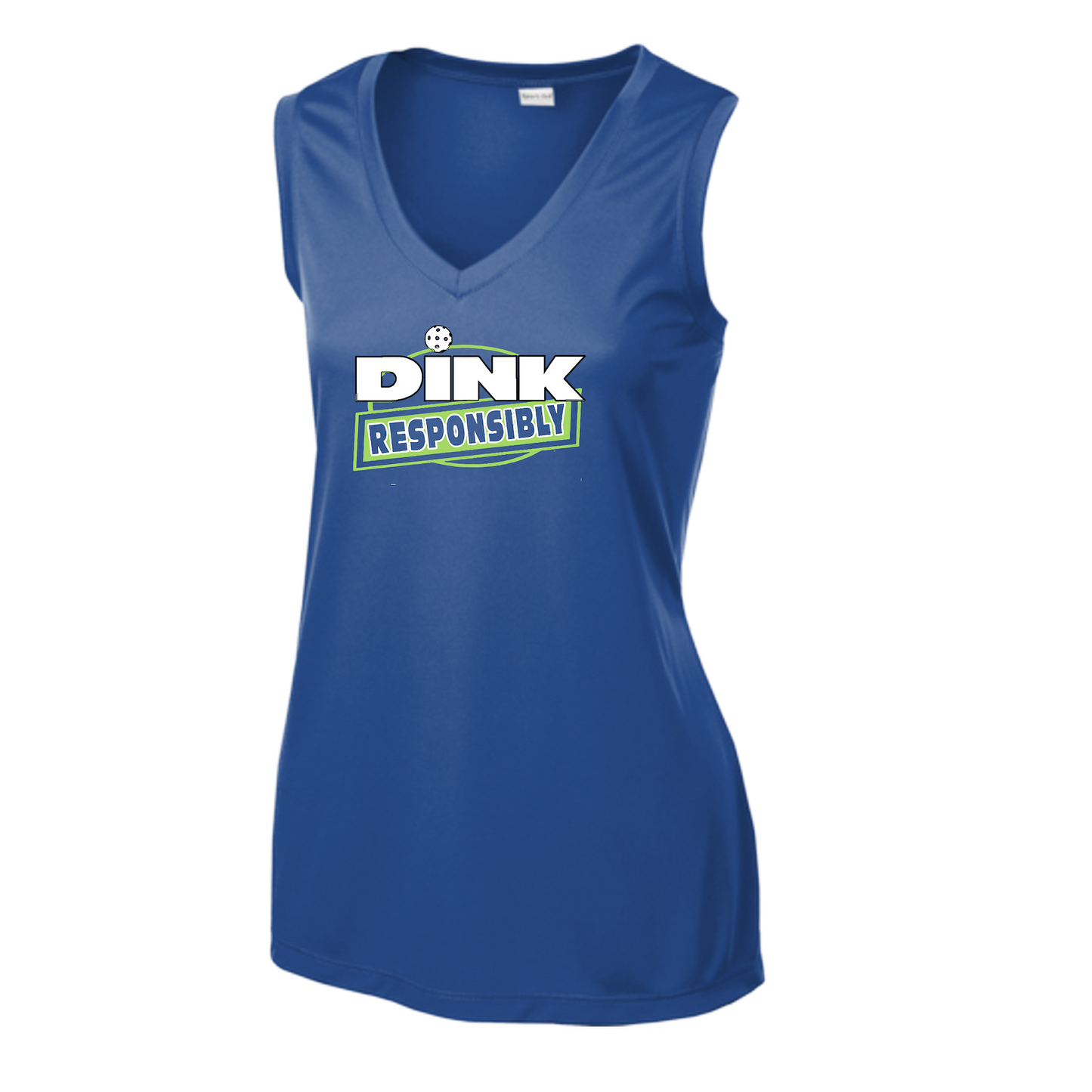 Pickleball Design: Dink Responsibly  Women's Style: Sleeveless Tank  Shirts are lightweight, roomy and highly breathable. These moisture-wicking shirts are designed for athletic performance. They feature PosiCharge technology to lock in color and prevent logos from fading. Removable tag and set-in sleeves for comfort.