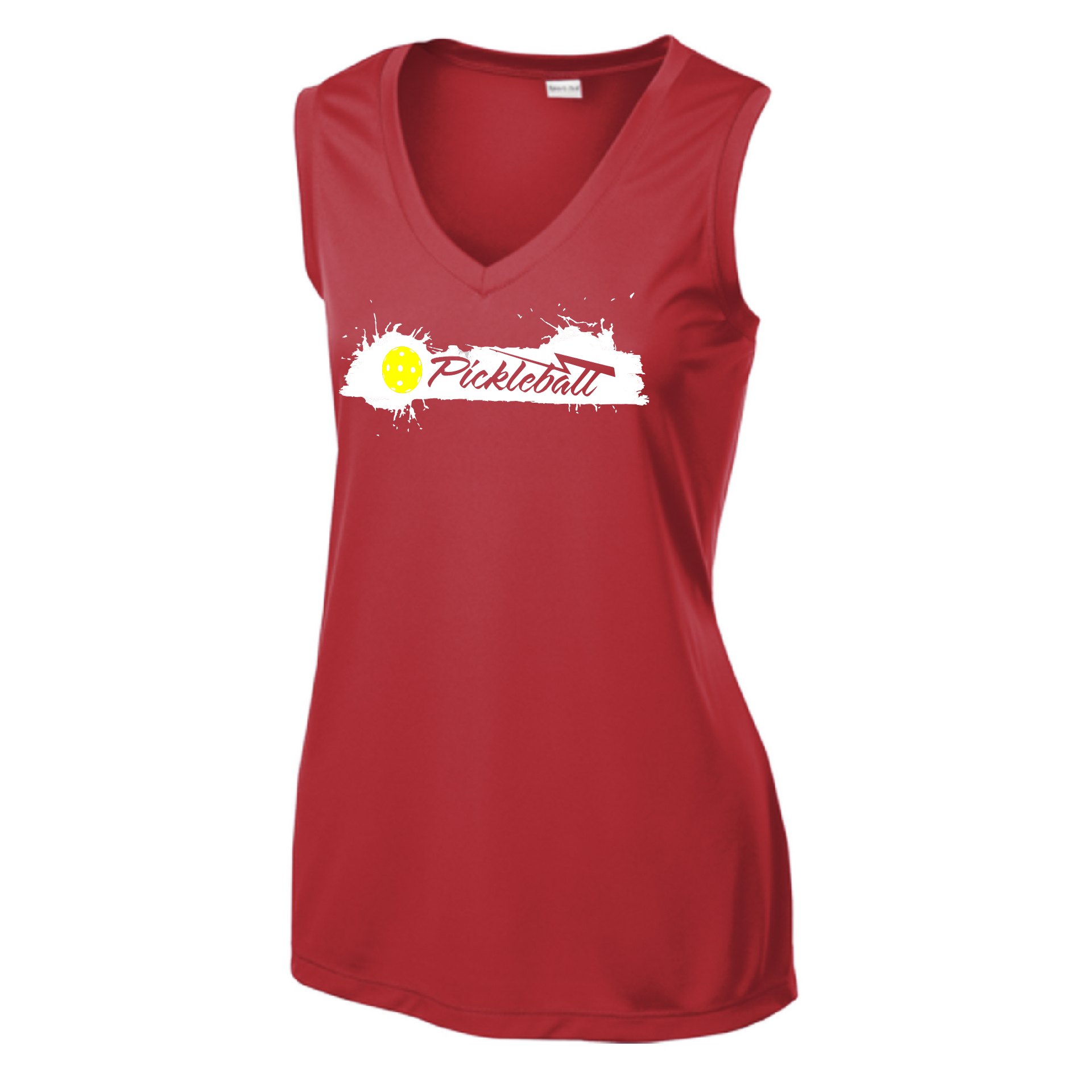 Pickleball Design: Extreme  Women's Style: Sleeveless V-Neck  Turn up the volume in this Women's shirt with its perfect mix of softness and attitude. Material is ultra-comfortable with moisture wicking properties and tri-blend softness. PosiCharge technology locks in color. Highly breathable and lightweight.
