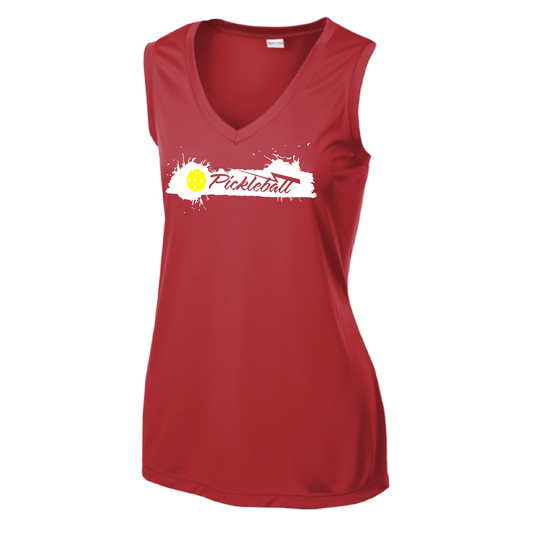 Pickleball Design: Extreme  Women's Style: Sleeveless V-Neck  Turn up the volume in this Women's shirt with its perfect mix of softness and attitude. Material is ultra-comfortable with moisture wicking properties and tri-blend softness. PosiCharge technology locks in color. Highly breathable and lightweight.