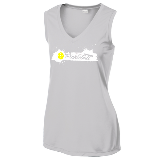 Pickleball Design: Extreme  Women's Style: Sleeveless V-Neck  Turn up the volume in this Women's shirt with its perfect mix of softness and attitude. Material is ultra-comfortable with moisture wicking properties and tri-blend softness. PosiCharge technology locks in color. Highly breathable and lightweight.
