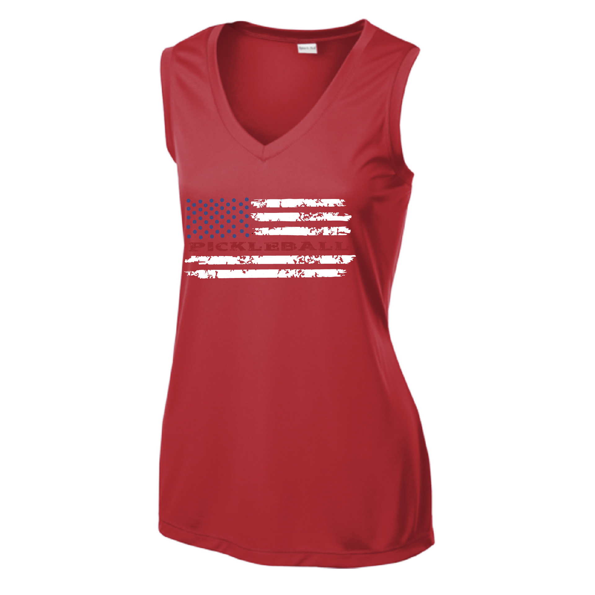 Pickleball Design: Pickleball Flag Horizontal on Front or Back of Shirt  Women's Style: Sleeveless Tank  Turn up the volume in this Women's shirt with its perfect mix of softness and attitude. Material is ultra-comfortable with moisture wicking properties and tri-blend softness. PosiCharge technology locks in color. Highly breathable and lightweight.