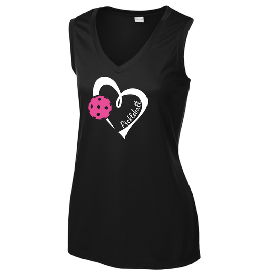 Pickleball Design: Heart with Pickleball  Women's Style: Sleeveless V-Neck Tank  Turn up the volume in this Women's shirt with its perfect mix of softness and attitude. Material is ultra-comfortable with moisture wicking properties and tri-blend softness. PosiCharge technology locks in color. Highly breathable and lightweight.