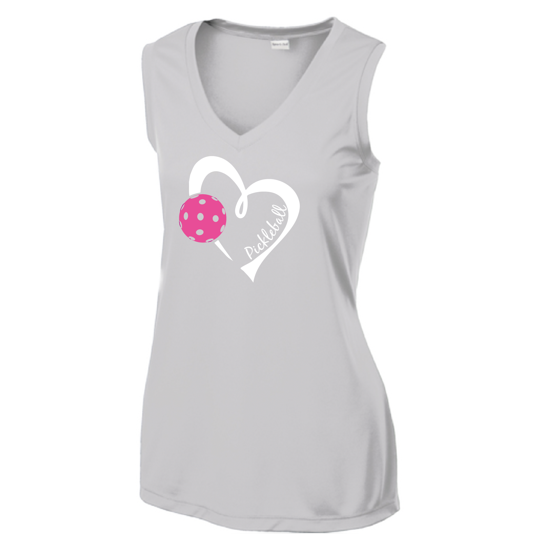 Pickleball Design: Heart with Pickleball  Women's Style: Sleeveless V-Neck Tank  Turn up the volume in this Women's shirt with its perfect mix of softness and attitude. Material is ultra-comfortable with moisture wicking properties and tri-blend softness. PosiCharge technology locks in color. Highly breathable and lightweight.