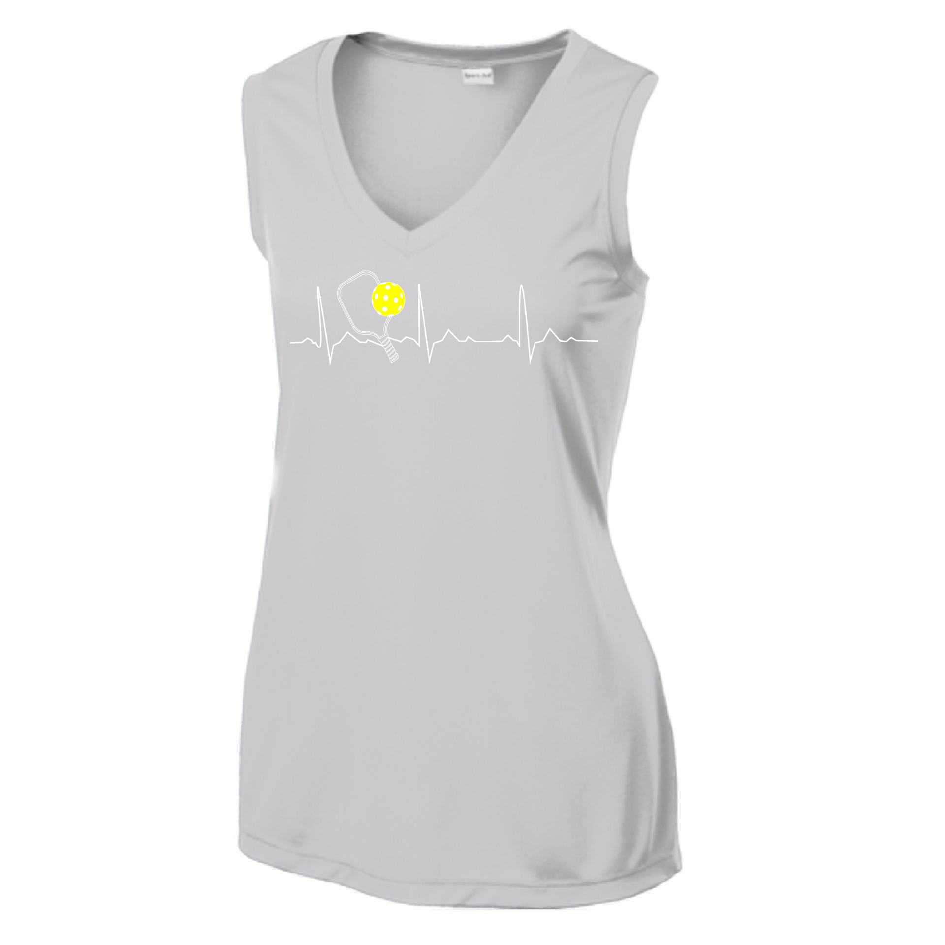 Pickleball Design: Heartbeat  Women's Style: Sleeveless Tank  Turn up the volume in this Women's shirt with its perfect mix of softness and attitude. Material is ultra-comfortable with moisture wicking properties and tri-blend softness. PosiCharge technology locks in color. Highly breathable and lightweight.