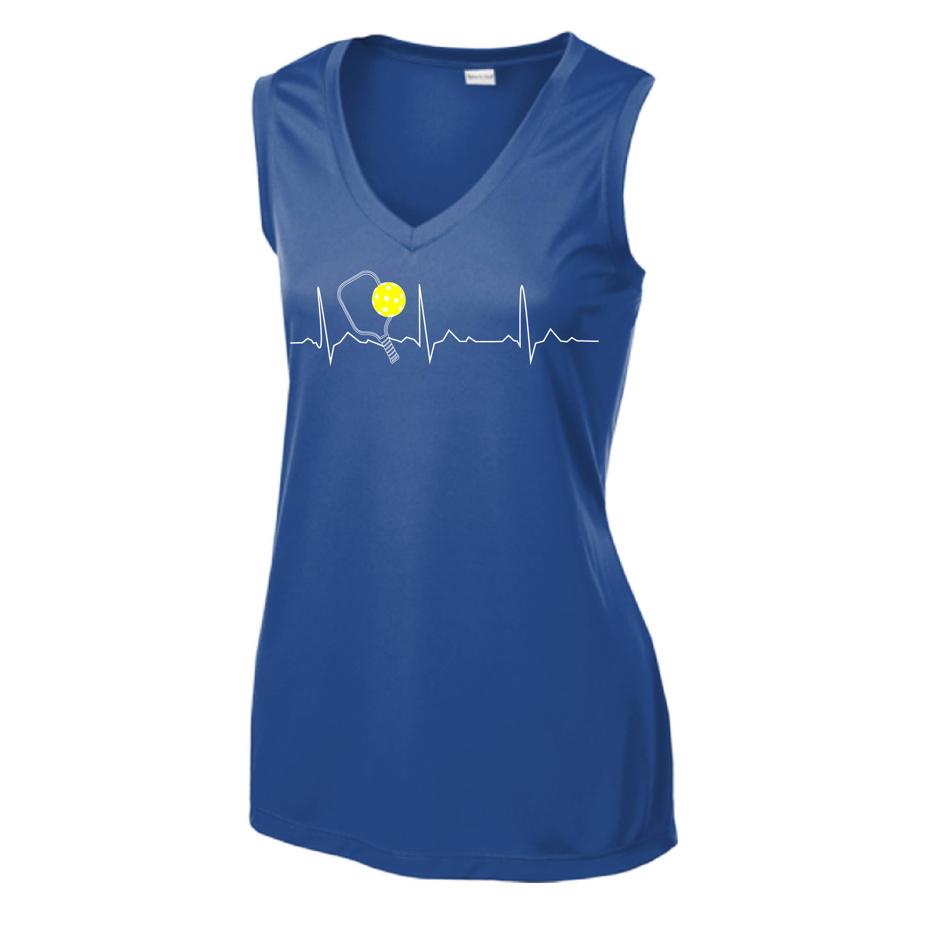 Pickleball Design: Heartbeat  Women's Style: Sleeveless Tank  Turn up the volume in this Women's shirt with its perfect mix of softness and attitude. Material is ultra-comfortable with moisture wicking properties and tri-blend softness. PosiCharge technology locks in color. Highly breathable and lightweight.