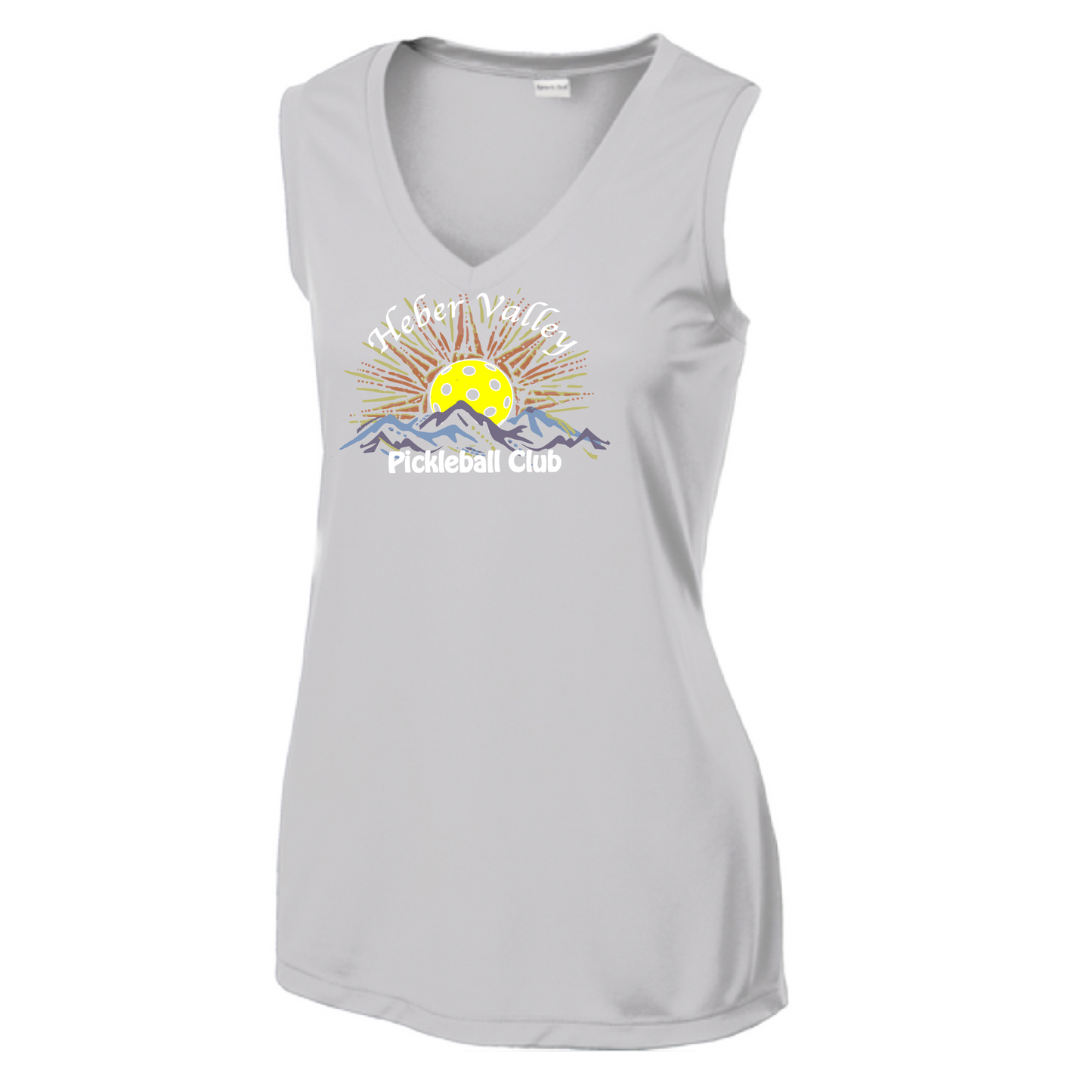 Pickleball Shirt Design: Heber Valley Pickleball Club  Women's Style: Sleeveless Tank  Turn up the volume in this Women's shirt with its perfect mix of softness and attitude. Material is ultra-comfortable with moisture wicking properties and tri-blend softness. PosiCharge technology locks in color. Highly breathable and lightweight.
