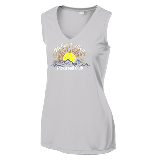 Pickleball Shirt Design: Heber Valley Pickleball Club  Women's Style: Sleeveless Tank  Turn up the volume in this Women's shirt with its perfect mix of softness and attitude. Material is ultra-comfortable with moisture wicking properties and tri-blend softness. PosiCharge technology locks in color. Highly breathable and lightweight.