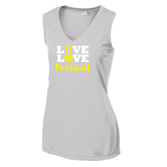 Pickleball Design: Live Love Pickleball  Women's Style: Sleeveless Tank  Turn up the volume in this Women's shirt with its perfect mix of softness and attitude. Material is ultra-comfortable with moisture wicking properties and tri-blend softness. PosiCharge technology locks in color. Highly breathable and lightweight.
