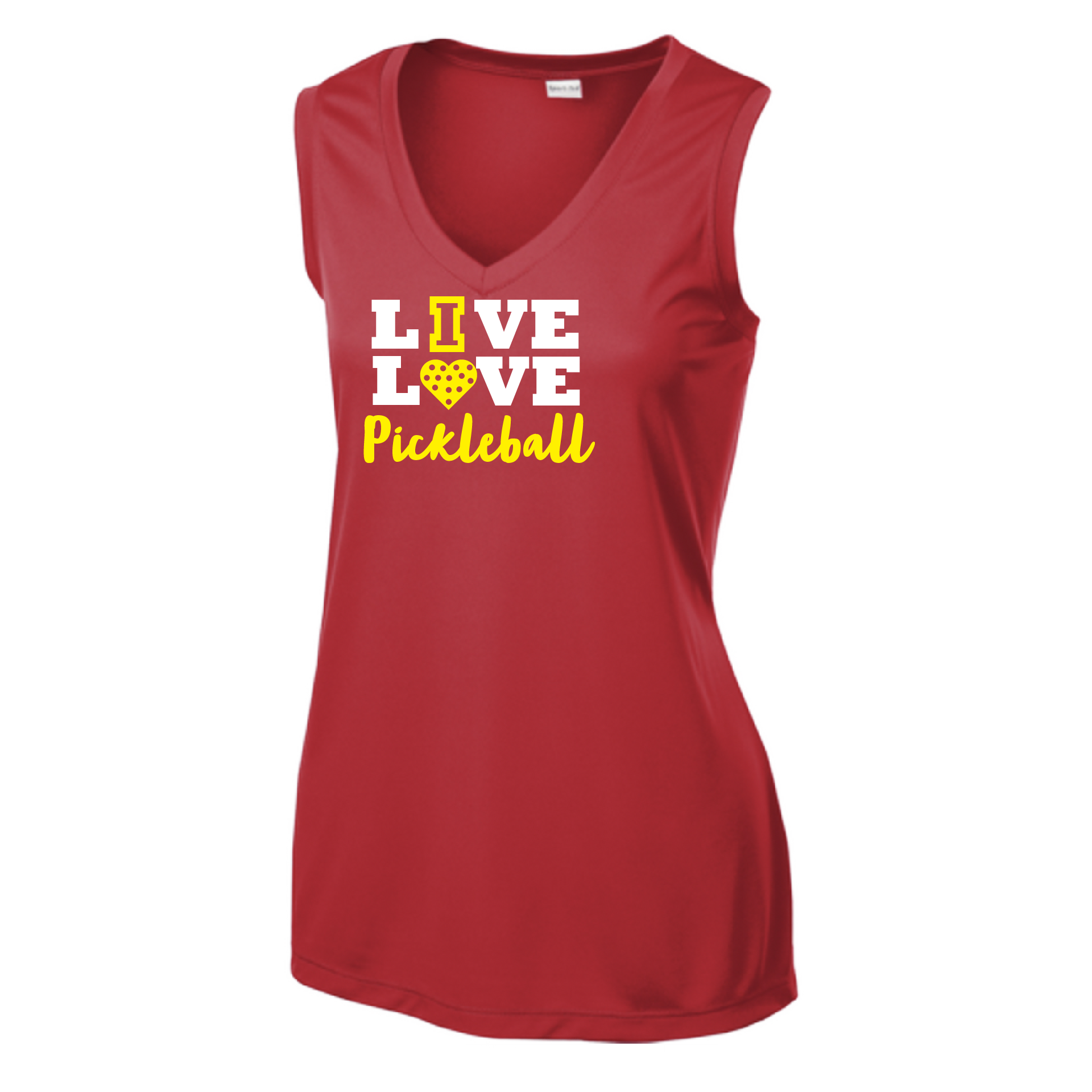 Pickleball Design: Live Love Pickleball  Women's Style: Sleeveless Tank  Turn up the volume in this Women's shirt with its perfect mix of softness and attitude. Material is ultra-comfortable with moisture wicking properties and tri-blend softness. PosiCharge technology locks in color. Highly breathable and lightweight.