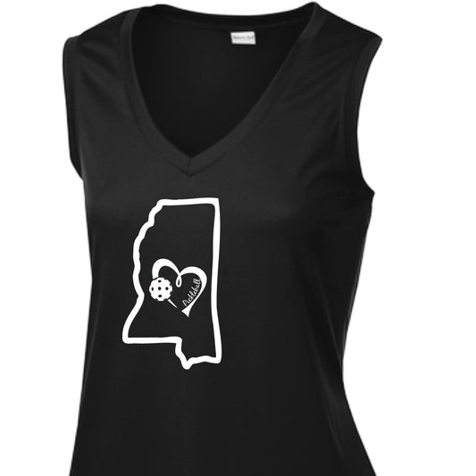 Pickleball Design: Mississippi State and Heart  Women's Styles: Sleeveless Tank  Turn up the volume in this Women's shirt with its perfect mix of softness and attitude. Material is ultra-comfortable with moisture wicking properties and tri-blend softness. PosiCharge technology locks in color. Highly breathable and lightweight.