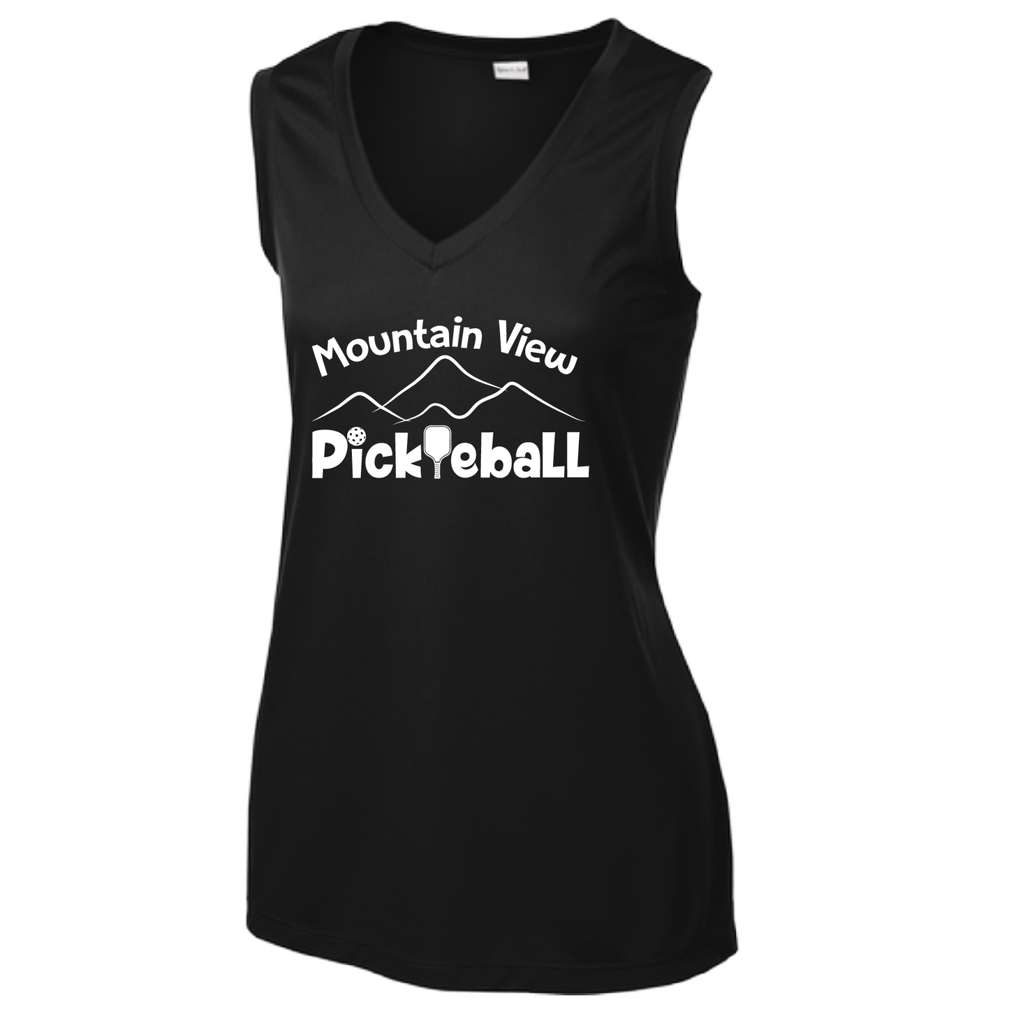 Pickleball Design: Mountain View Pickleball Club  Women's Style: Sleeveless Tank  Turn up the volume in this Women's shirt with its perfect mix of softness and attitude. Material is ultra-comfortable with moisture wicking properties and tri-blend softness. PosiCharge technology locks in color. Highly breathable and lightweight.