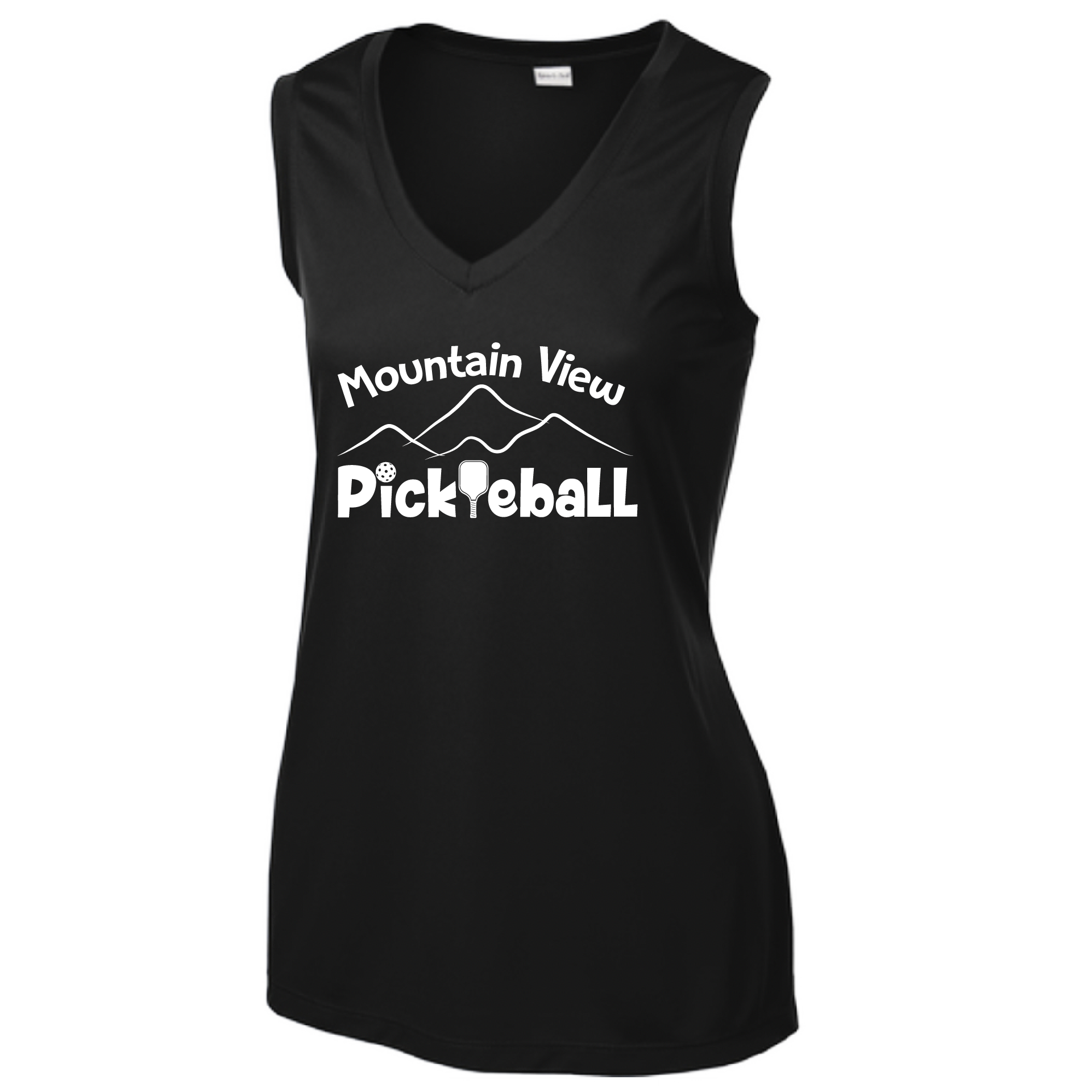 Pickleball Design: Mountain View Pickleball Club  Women's Style: Sleeveless Tank  Turn up the volume in this Women's shirt with its perfect mix of softness and attitude. Material is ultra-comfortable with moisture wicking properties and tri-blend softness. PosiCharge technology locks in color. Highly breathable and lightweight.