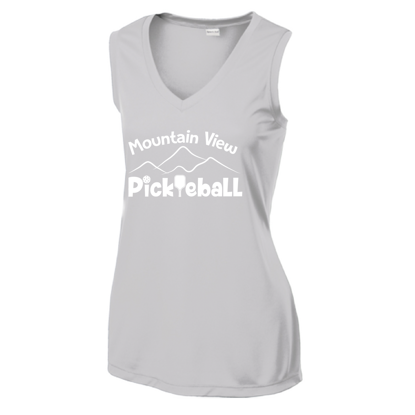 Pickleball Design: Mountain View Pickleball Club  Women's Style: Sleeveless Tank  Turn up the volume in this Women's shirt with its perfect mix of softness and attitude. Material is ultra-comfortable with moisture wicking properties and tri-blend softness. PosiCharge technology locks in color. Highly breathable and lightweight.