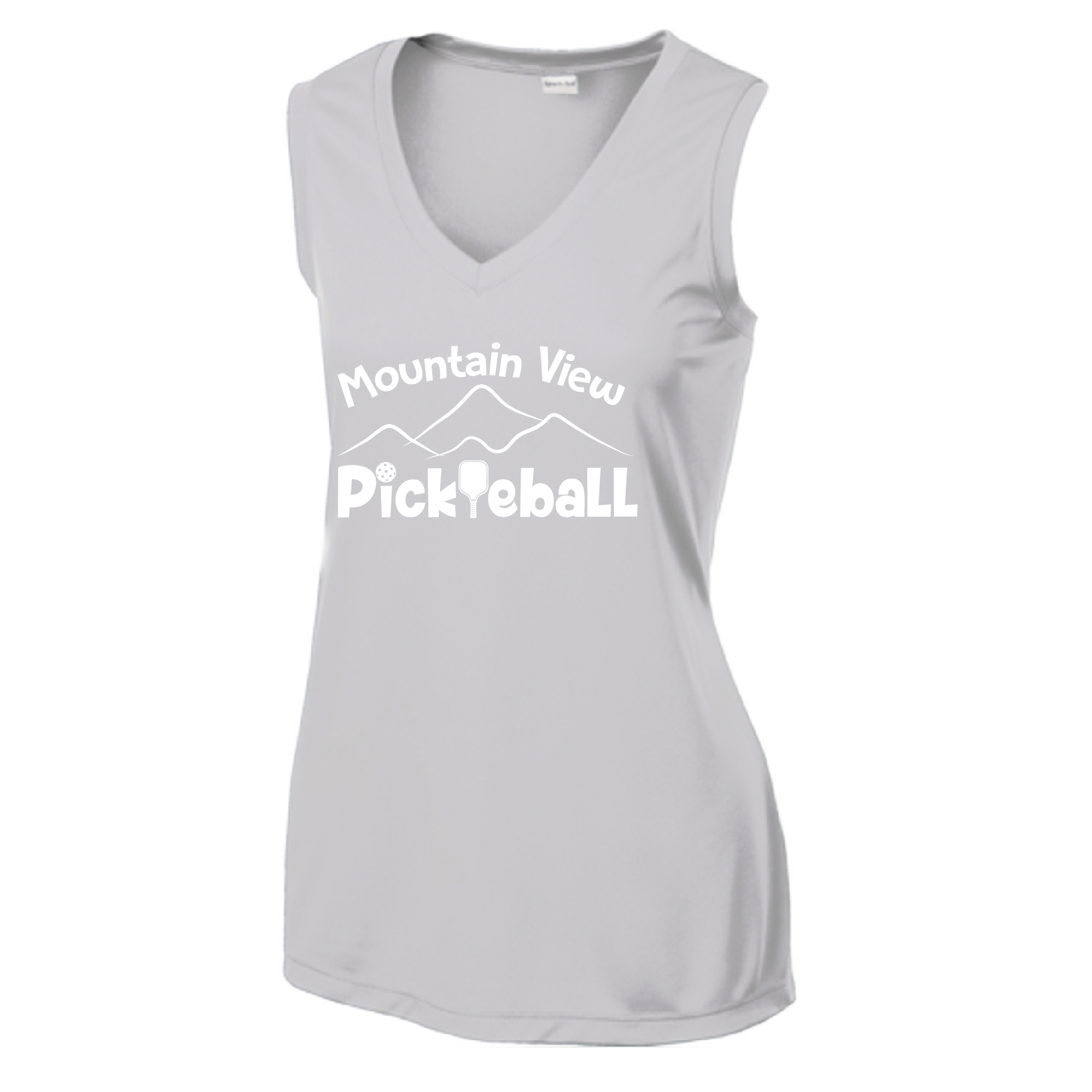 Pickleball Design: Mountain View Pickleball Club  Women's Style: Sleeveless Tank  Turn up the volume in this Women's shirt with its perfect mix of softness and attitude. Material is ultra-comfortable with moisture wicking properties and tri-blend softness. PosiCharge technology locks in color. Highly breathable and lightweight.