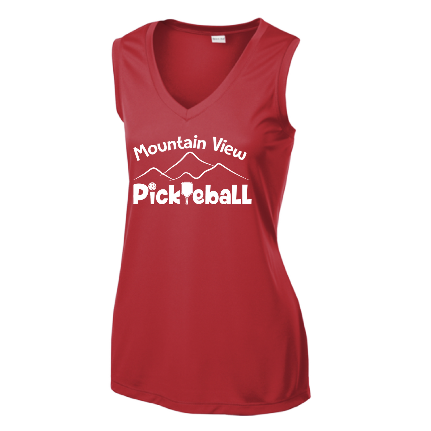 Pickleball Design: Mountain View Pickleball Club  Women's Style: Sleeveless Tank  Turn up the volume in this Women's shirt with its perfect mix of softness and attitude. Material is ultra-comfortable with moisture wicking properties and tri-blend softness. PosiCharge technology locks in color. Highly breathable and lightweight.