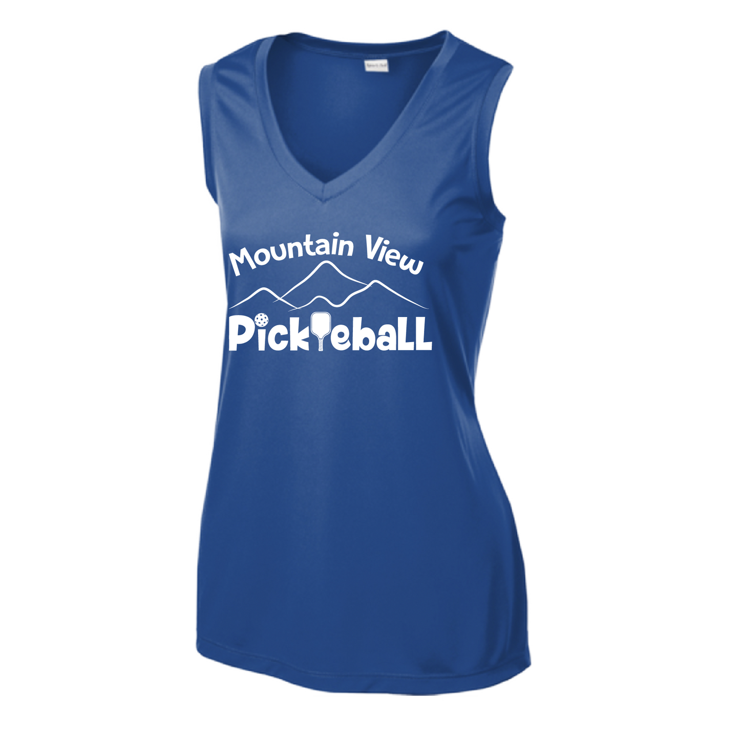 Pickleball Design: Mountain View Pickleball Club  Women's Style: Sleeveless Tank  Turn up the volume in this Women's shirt with its perfect mix of softness and attitude. Material is ultra-comfortable with moisture wicking properties and tri-blend softness. PosiCharge technology locks in color. Highly breathable and lightweight.