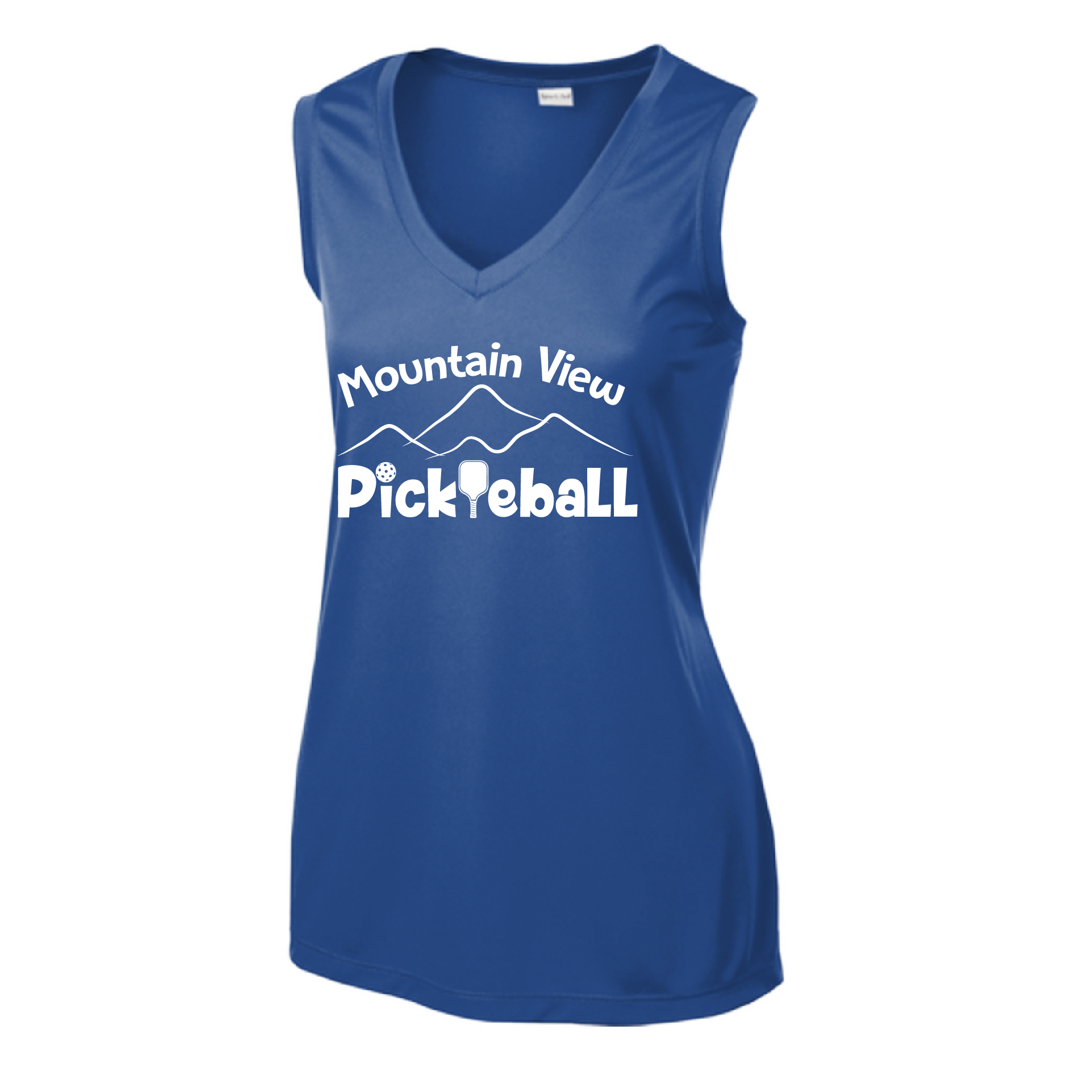 Pickleball Design: Mountain View Pickleball Club  Women's Style: Sleeveless Tank  Turn up the volume in this Women's shirt with its perfect mix of softness and attitude. Material is ultra-comfortable with moisture wicking properties and tri-blend softness. PosiCharge technology locks in color. Highly breathable and lightweight.