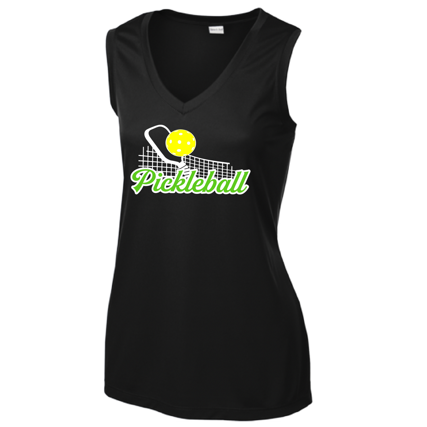 Pickleball Design: Pickleball and Net  Women's Style: Sleeveless Tank  Turn up the volume in this Women's shirt with its perfect mix of softness and attitude. Material is ultra-comfortable with moisture wicking properties and tri-blend softness. PosiCharge technology locks in color. Highly breathable and lightweight.