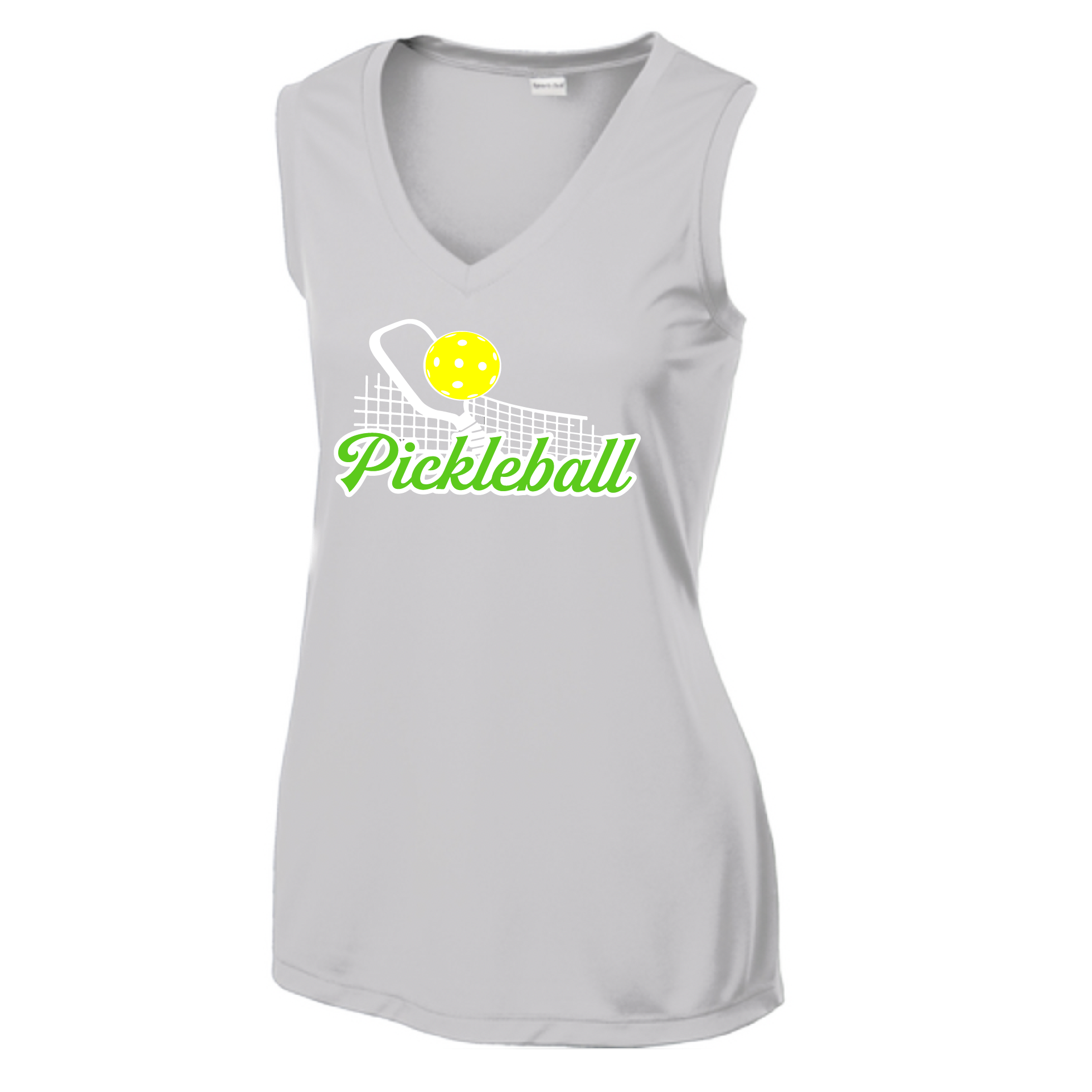 Pickleball Design: Pickleball and Net  Women's Style: Sleeveless Tank  Turn up the volume in this Women's shirt with its perfect mix of softness and attitude. Material is ultra-comfortable with moisture wicking properties and tri-blend softness. PosiCharge technology locks in color. Highly breathable and lightweight.