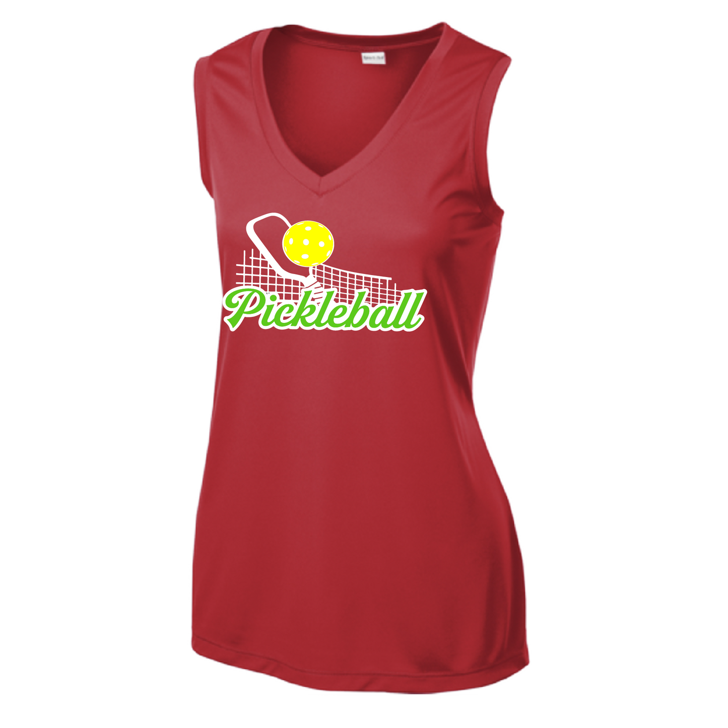 Pickleball Design: Pickleball and Net  Women's Style: Sleeveless Tank  Turn up the volume in this Women's shirt with its perfect mix of softness and attitude. Material is ultra-comfortable with moisture wicking properties and tri-blend softness. PosiCharge technology locks in color. Highly breathable and lightweight.