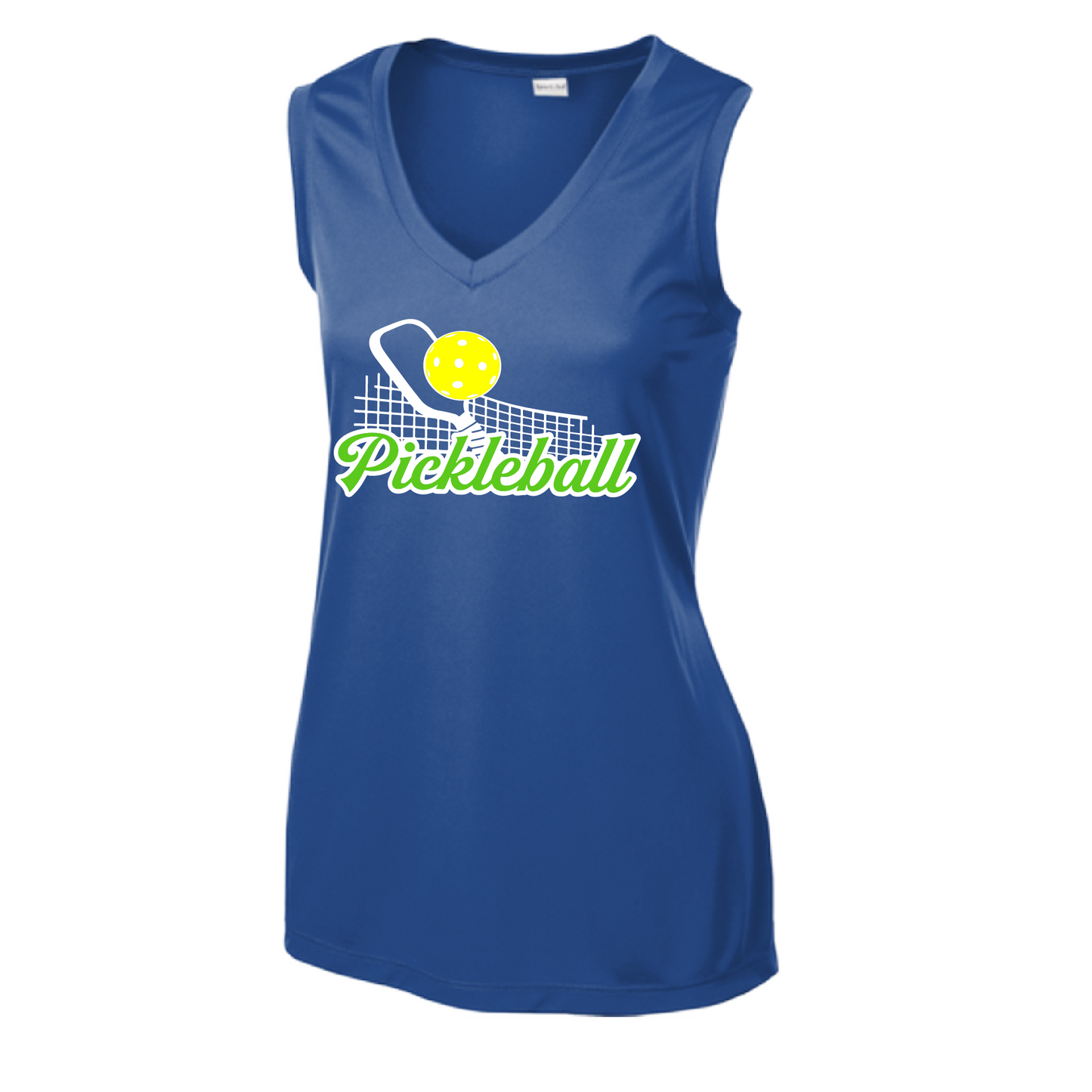 Pickleball Design: Pickleball and Net  Women's Style: Sleeveless Tank  Turn up the volume in this Women's shirt with its perfect mix of softness and attitude. Material is ultra-comfortable with moisture wicking properties and tri-blend softness. PosiCharge technology locks in color. Highly breathable and lightweight.