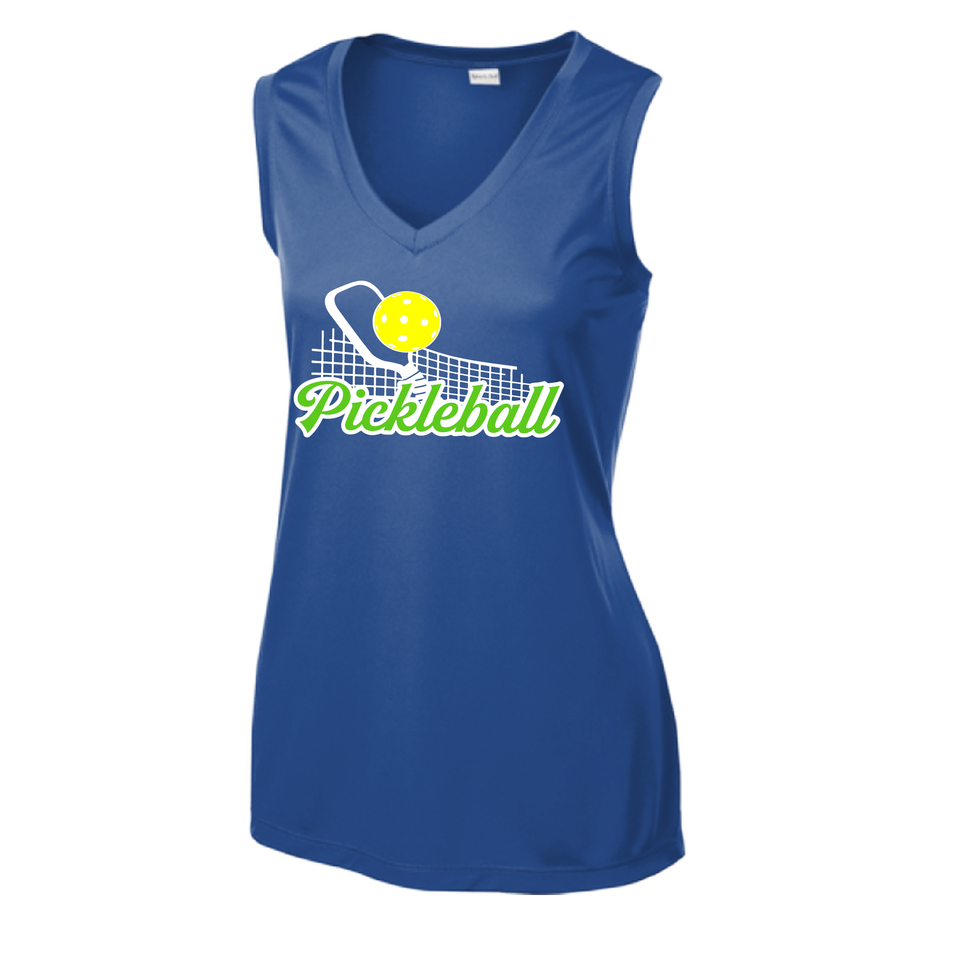 Pickleball Design: Pickleball and Net  Women's Style: Sleeveless Tank  Turn up the volume in this Women's shirt with its perfect mix of softness and attitude. Material is ultra-comfortable with moisture wicking properties and tri-blend softness. PosiCharge technology locks in color. Highly breathable and lightweight.