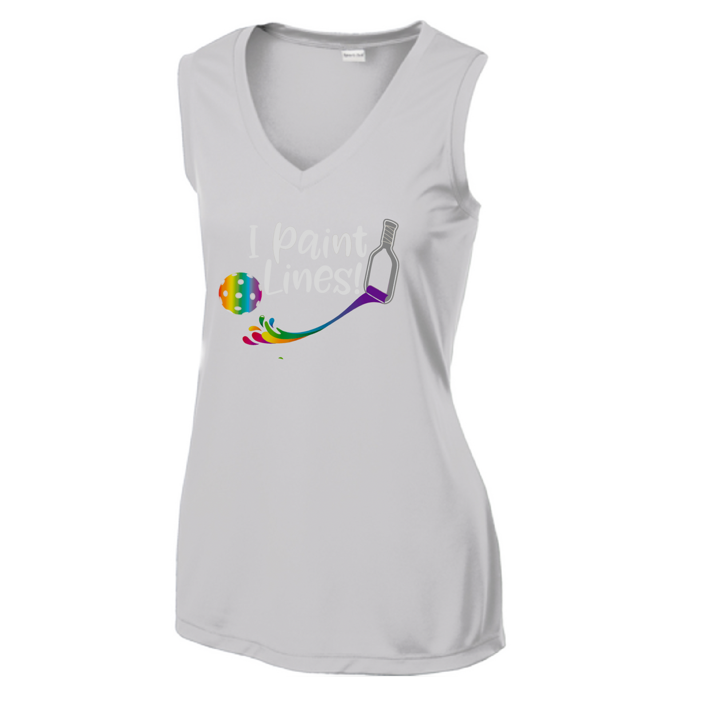 Pickleball Design: I Paint Lines  Women's Style: Sleeveless Tank V-Neck  Turn up the volume in this Women's shirt with its perfect mix of softness and attitude. Material is ultra-comfortable with moisture wicking properties and tri-blend softness. PosiCharge technology locks in color. Highly breathable and lightweight.