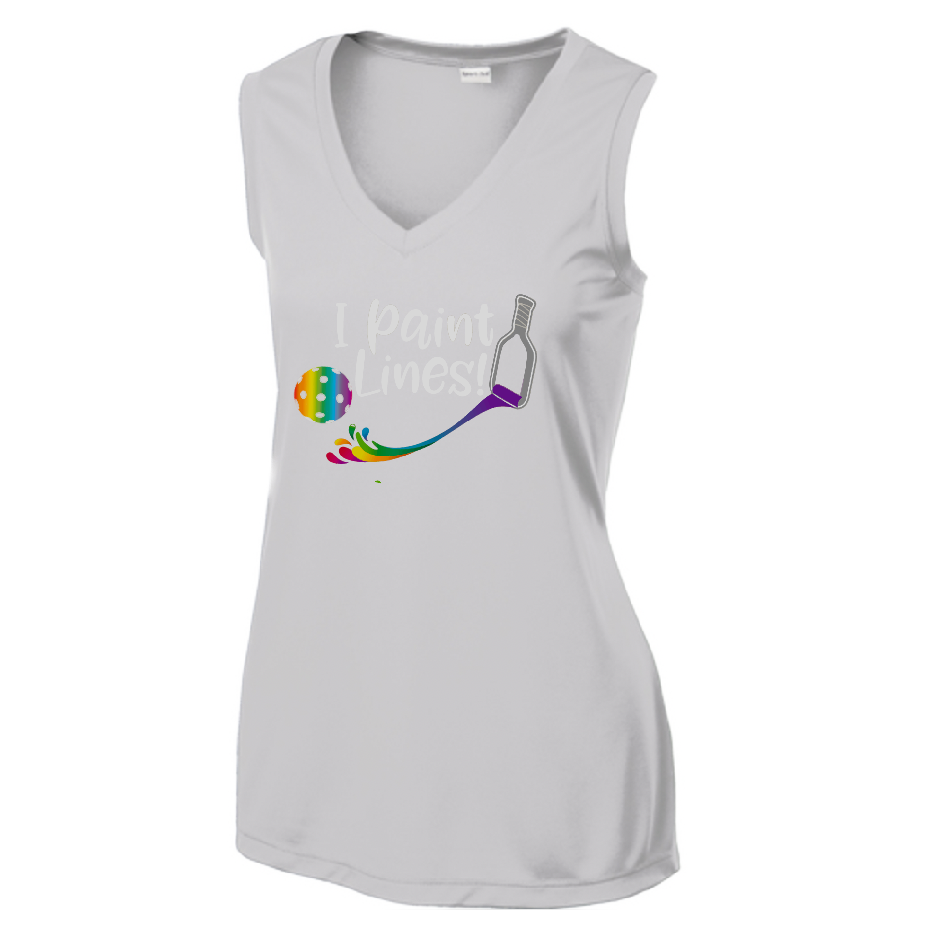 Pickleball Design: I Paint Lines  Women's Style: Sleeveless Tank V-Neck  Turn up the volume in this Women's shirt with its perfect mix of softness and attitude. Material is ultra-comfortable with moisture wicking properties and tri-blend softness. PosiCharge technology locks in color. Highly breathable and lightweight.