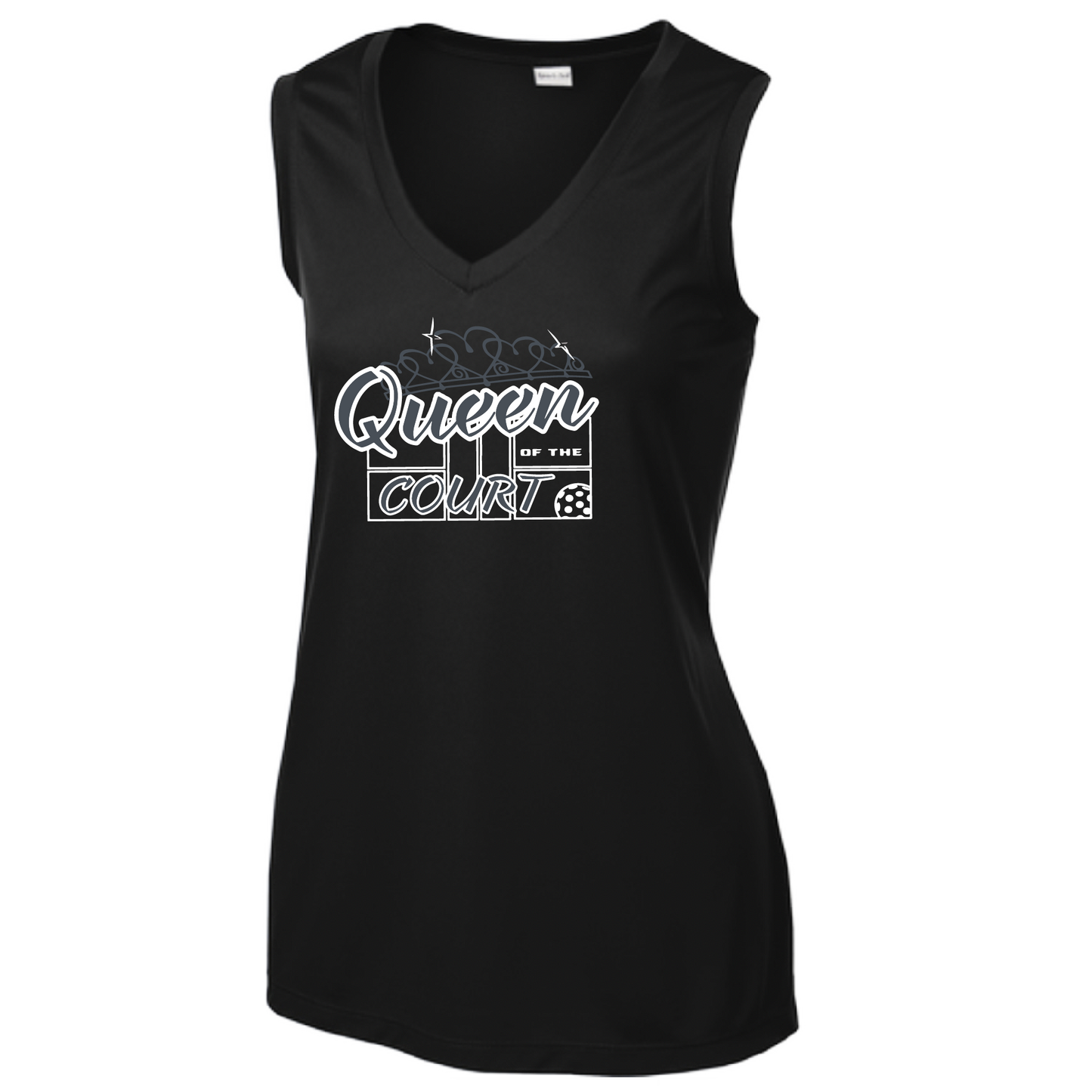 Pickleball Design: Queen of the Court  Women's Style: Sleeveless Tank  Turn up the volume in this Women's shirt with its perfect mix of softness and attitude. Material is ultra-comfortable with moisture wicking properties and tri-blend softness. PosiCharge technology locks in color. Highly breathable and lightweight.