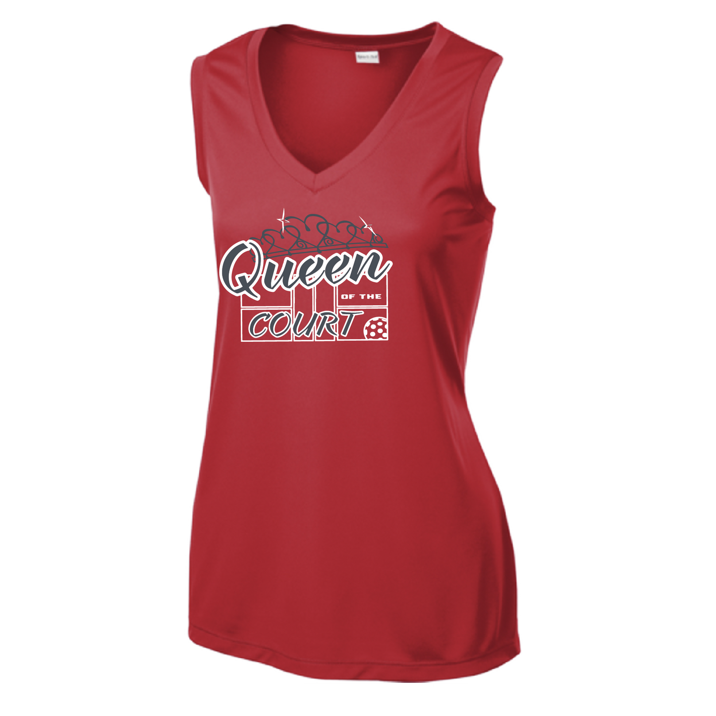 Pickleball Design: Queen of the Court  Women's Style: Sleeveless Tank  Turn up the volume in this Women's shirt with its perfect mix of softness and attitude. Material is ultra-comfortable with moisture wicking properties and tri-blend softness. PosiCharge technology locks in color. Highly breathable and lightweight.
