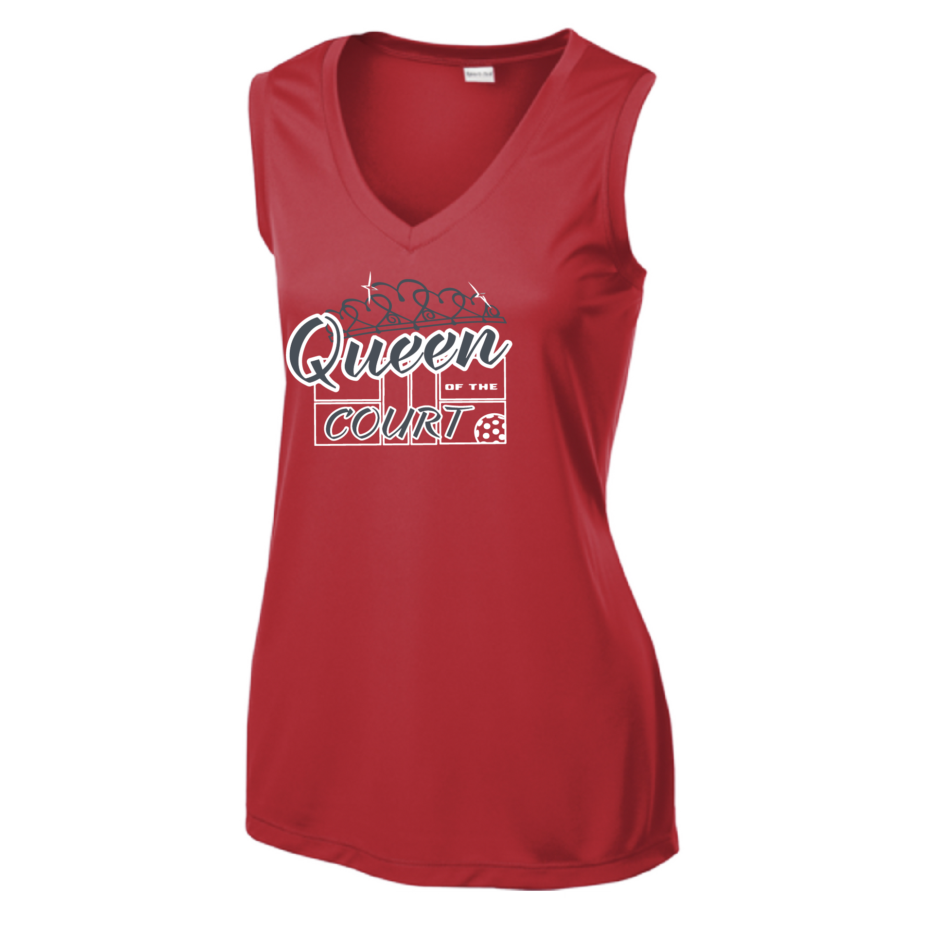 Pickleball Design: Queen of the Court  Women's Style: Sleeveless Tank  Turn up the volume in this Women's shirt with its perfect mix of softness and attitude. Material is ultra-comfortable with moisture wicking properties and tri-blend softness. PosiCharge technology locks in color. Highly breathable and lightweight.