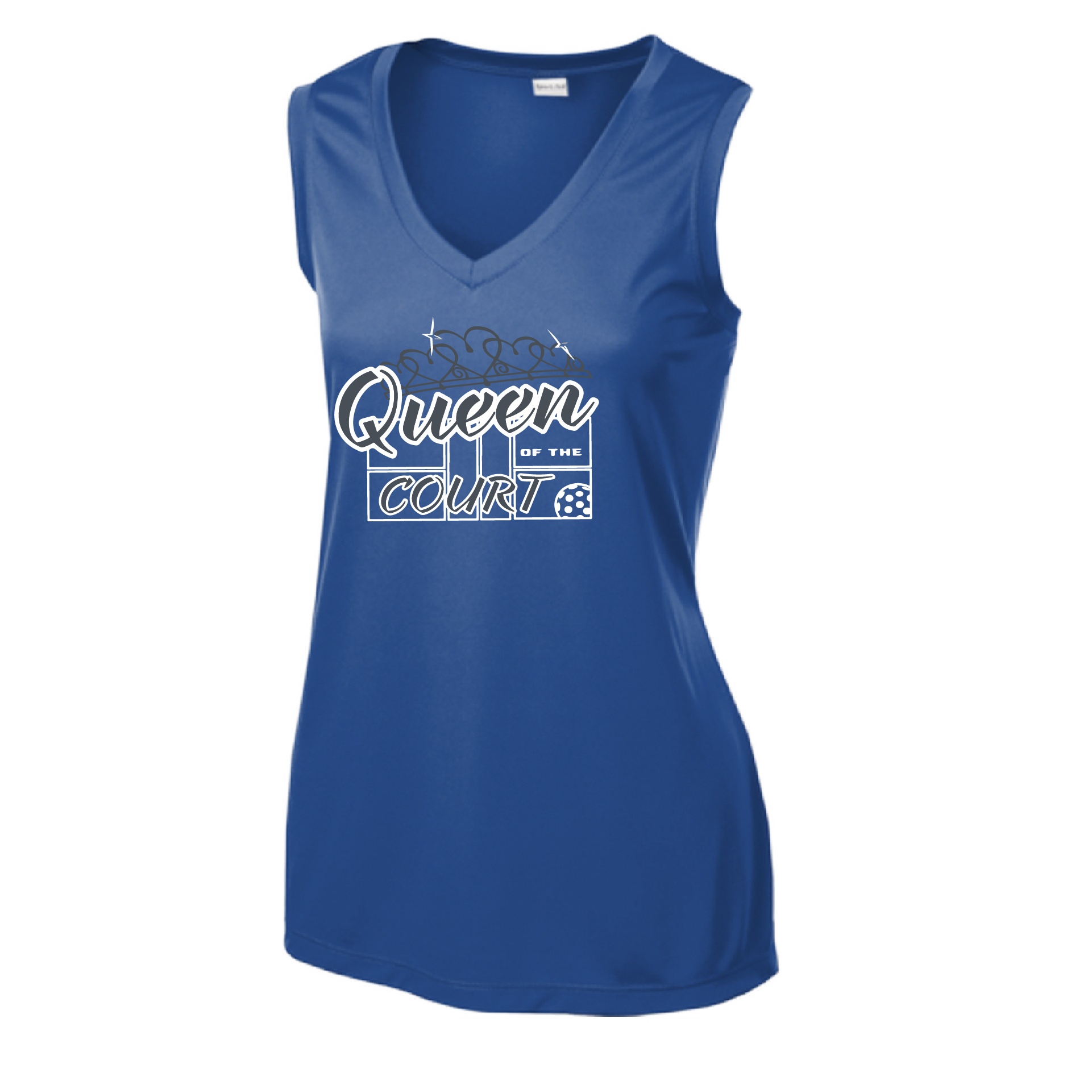 Pickleball Design: Queen of the Court  Women's Style: Sleeveless Tank  Turn up the volume in this Women's shirt with its perfect mix of softness and attitude. Material is ultra-comfortable with moisture wicking properties and tri-blend softness. PosiCharge technology locks in color. Highly breathable and lightweight.