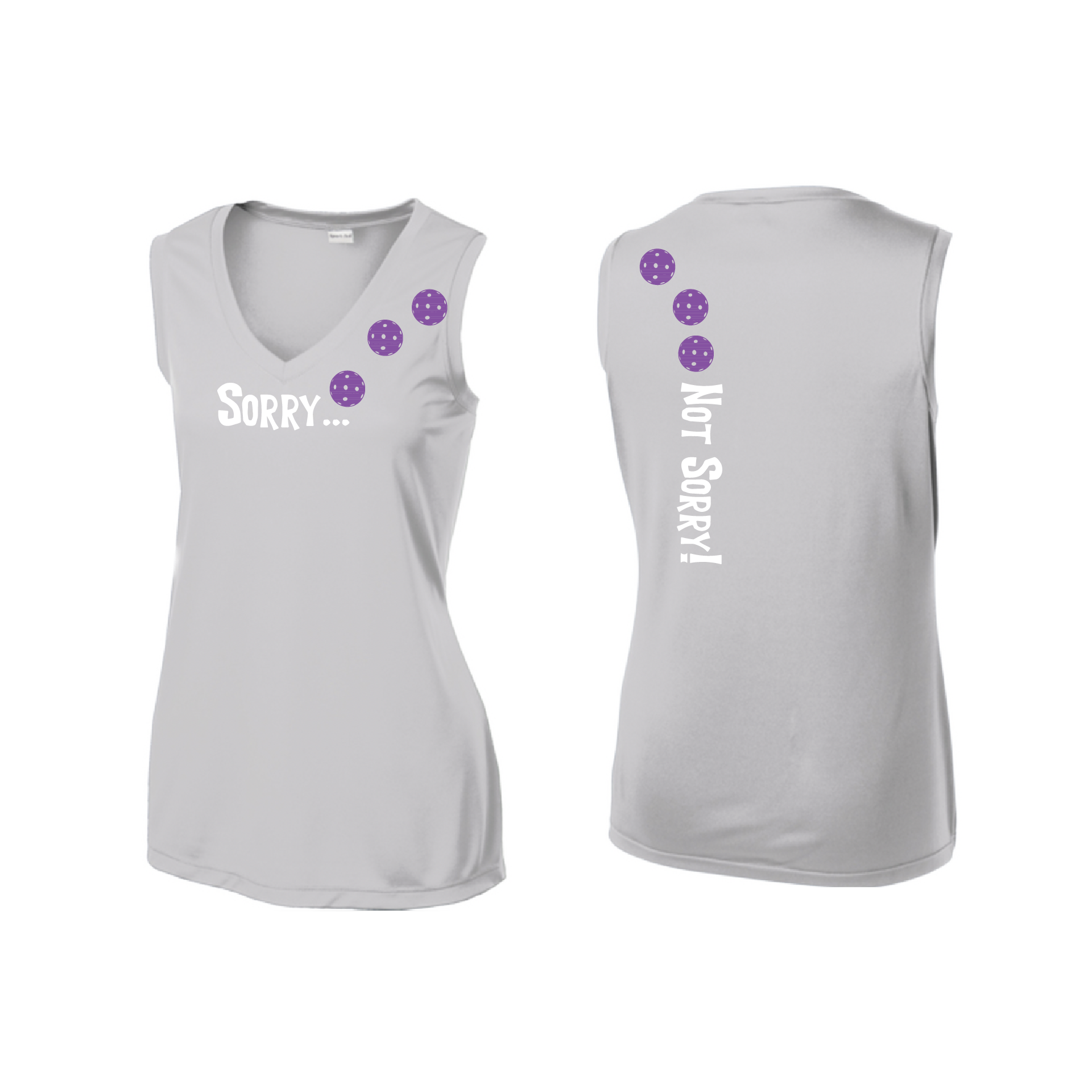 Pickleball Design: Sorry...Not Sorry with Customizable Ball Color - Choose: Cyan, Orange, Purple or Rainbow.   Women's Styles: Sleeveless Tank Turn up the volume in this Women's shirt with its perfect mix of softness and attitude. Material is ultra-comfortable with moisture wicking properties and tri-blend softness. PosiCharge technology locks in color. Highly breathable and lightweight.