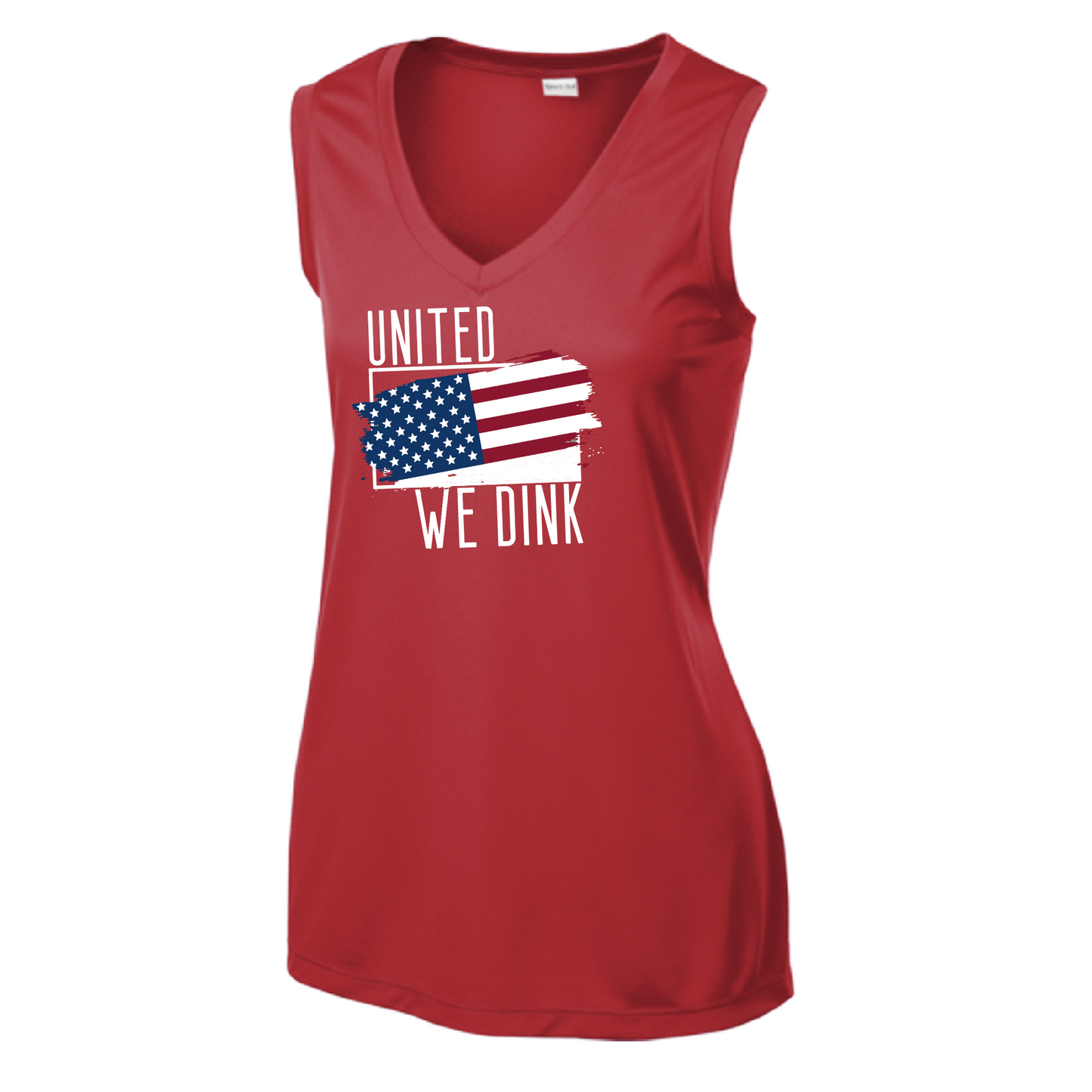 Pickleball Design: United We Dink   Women's Styles: Sleeveless Tank  Turn up the volume in this Women's shirt with its perfect mix of softness and attitude. Material is ultra-comfortable with moisture wicking properties and tri-blend softness. PosiCharge technology locks in color. Highly breathable and lightweight.