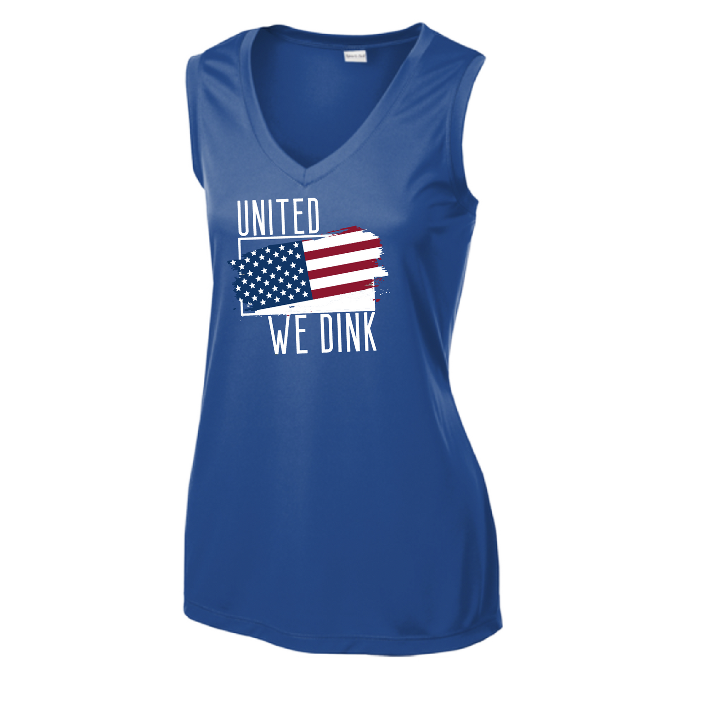 Pickleball Design: United We Dink   Women's Styles: Sleeveless Tank  Turn up the volume in this Women's shirt with its perfect mix of softness and attitude. Material is ultra-comfortable with moisture wicking properties and tri-blend softness. PosiCharge technology locks in color. Highly breathable and lightweight.