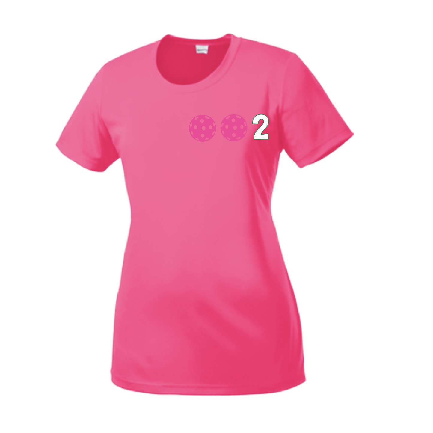 Design: 002 with Customizable Ball Colors (Yellow, Pink, White)  Women's Style:  Short-Sleeve Crew-Neck  Shirts are lightweight, roomy and highly breathable. These moisture-wicking shirts are designed for athletic performance. They feature PosiCharge technology to lock in color and prevent logos from fading. Removable tag and set-in sleeves for comfort.