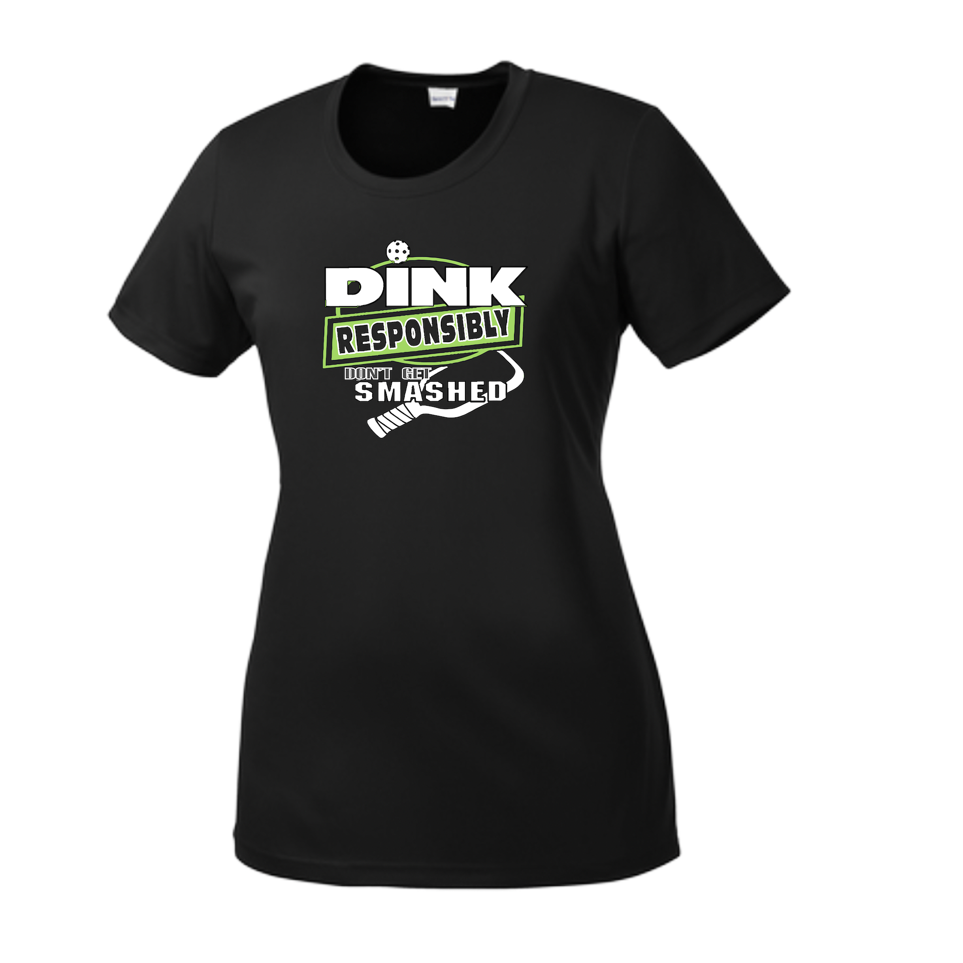 Pickleball Design: Dink Responsibly - Don't Get Smashed  Women's Style:  Short-Sleeve Crew-Neck  Shirts are lightweight, roomy and highly breathable. These moisture-wicking shirts are designed for athletic performance. They feature PosiCharge technology to lock in color and prevent logos from fading. Removable tag and set-in sleeves for comfort.