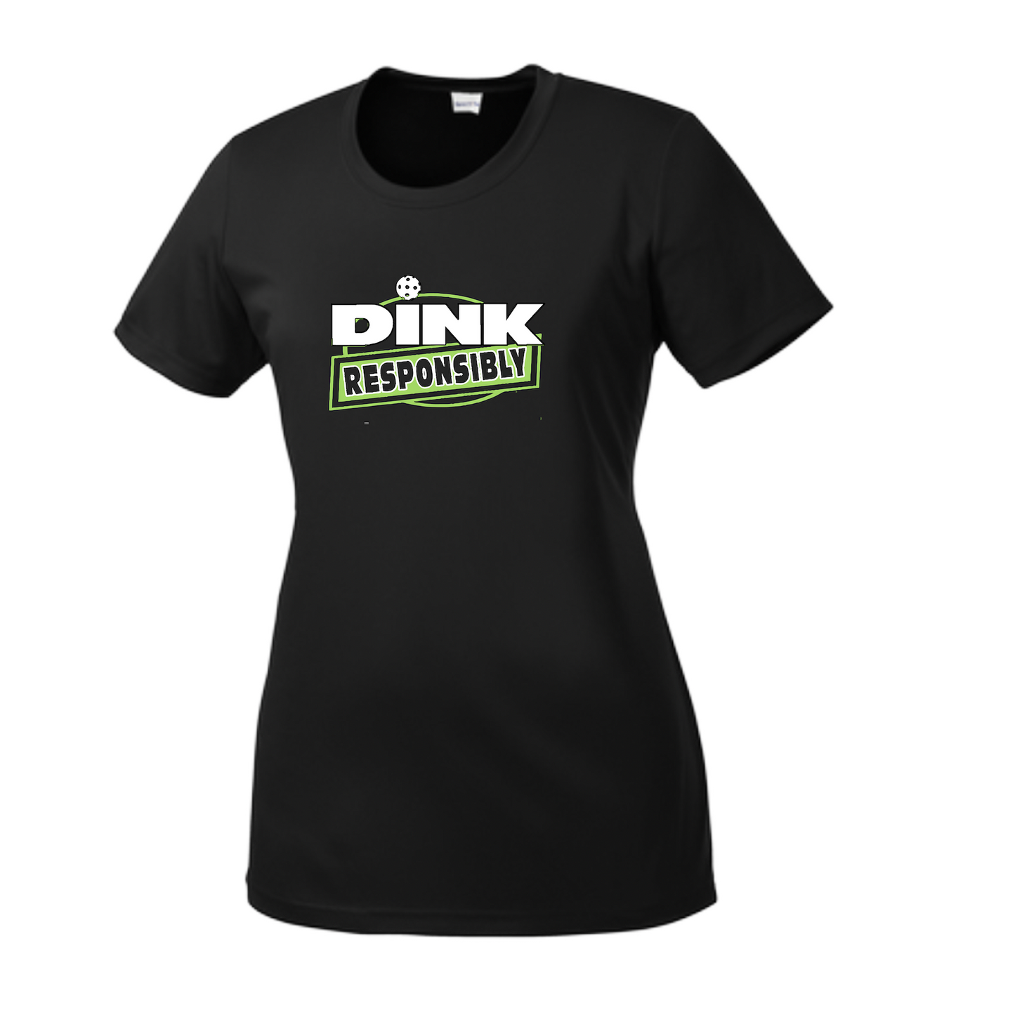 Pickleball Design: Dink Responsibly  Women's Style:  Short-Sleeve Crew-Neck  Shirts are lightweight, roomy and highly breathable. These moisture-wicking shirts are designed for athletic performance. They feature PosiCharge technology to lock in color and prevent logos from fading. Removable tag and set-in sleeves for comfort.