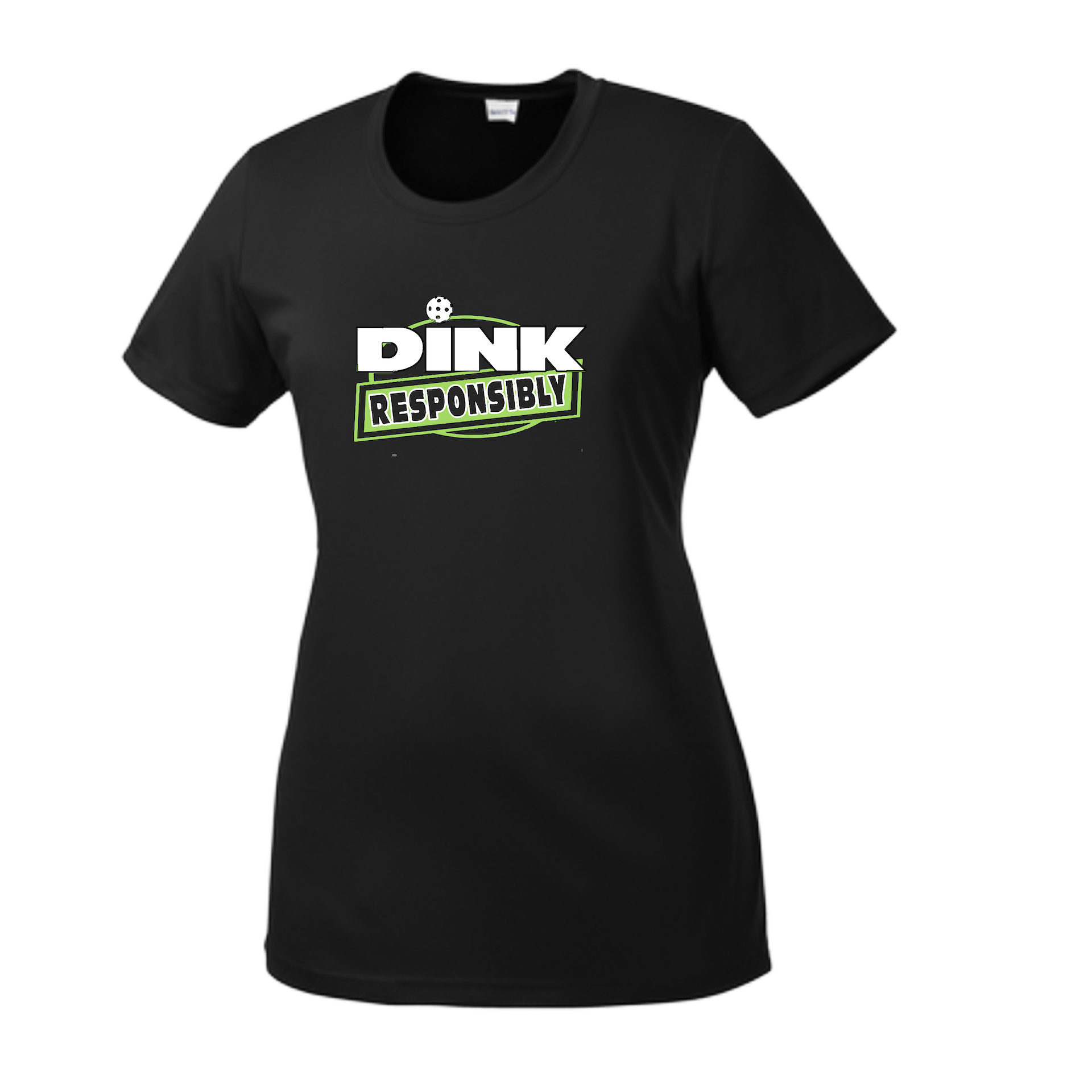 Pickleball Design: Dink Responsibly  Women's Style:  Short-Sleeve Crew-Neck  Shirts are lightweight, roomy and highly breathable. These moisture-wicking shirts are designed for athletic performance. They feature PosiCharge technology to lock in color and prevent logos from fading. Removable tag and set-in sleeves for comfort.