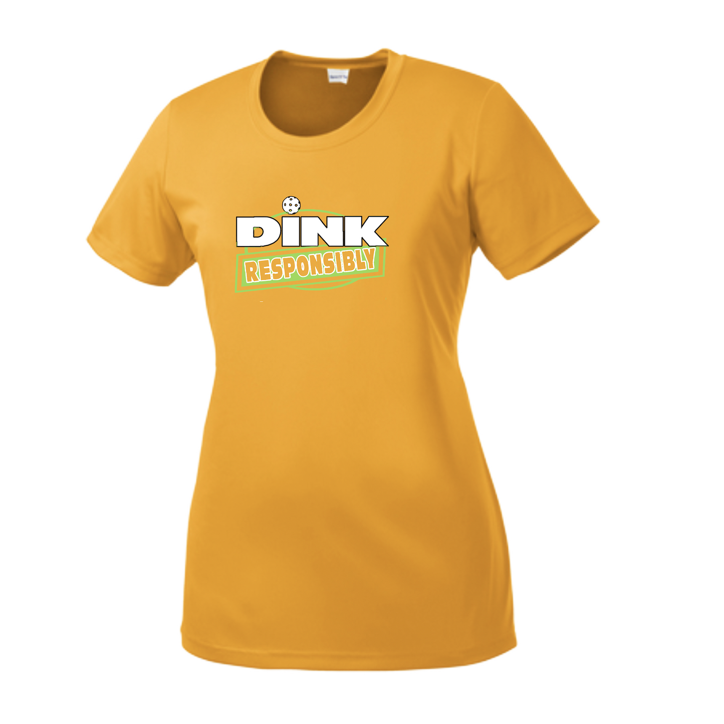 Pickleball Design: Dink Responsibly  Women's Style:  Short-Sleeve Crew-Neck  Shirts are lightweight, roomy and highly breathable. These moisture-wicking shirts are designed for athletic performance. They feature PosiCharge technology to lock in color and prevent logos from fading. Removable tag and set-in sleeves for comfort.