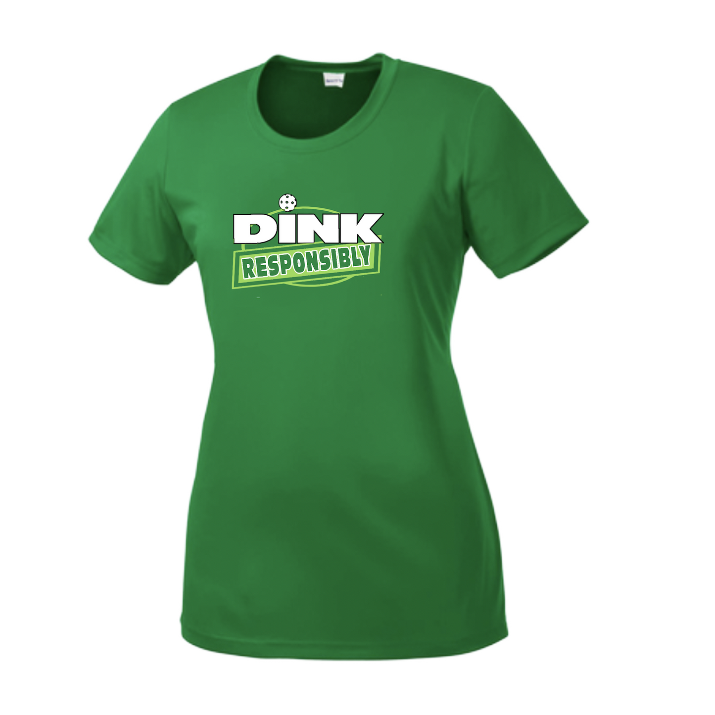 Pickleball Design: Dink Responsibly  Women's Style:  Short-Sleeve Crew-Neck  Shirts are lightweight, roomy and highly breathable. These moisture-wicking shirts are designed for athletic performance. They feature PosiCharge technology to lock in color and prevent logos from fading. Removable tag and set-in sleeves for comfort.