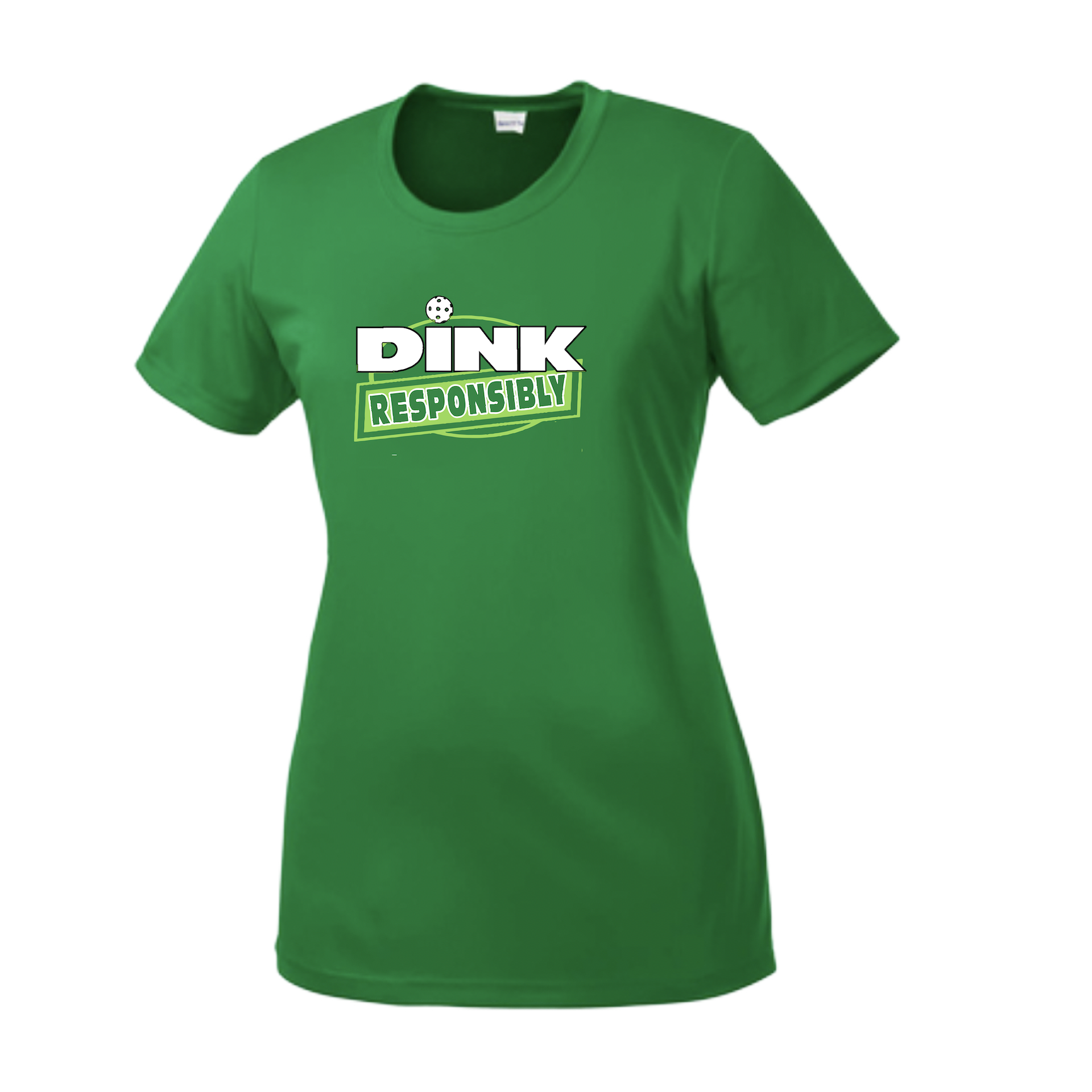 Pickleball Design: Dink Responsibly  Women's Style:  Short-Sleeve Crew-Neck  Shirts are lightweight, roomy and highly breathable. These moisture-wicking shirts are designed for athletic performance. They feature PosiCharge technology to lock in color and prevent logos from fading. Removable tag and set-in sleeves for comfort.